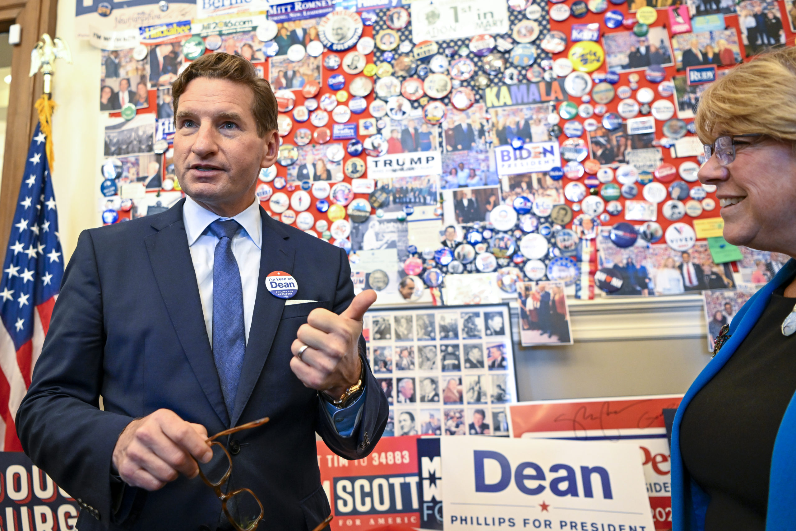 CONCORD, NEW HAMPSHIRE - OCTOBER 27: U.S. Rep. Dean Phillips (D-MN)(R) visits the candidate wall at the N.H. Statehouse after handing over his declaration of candidacy form for President to the New Hampshire Secretary of State David Scanlan, on October 27, 2023 in Concord, New Hampshire. While touting the accomplishments of President Biden, Rep. Phillips believes that new democratic leadership is needed and has joined the 2024 presidential race. (Photo by Gaelen Morse/Getty Images)