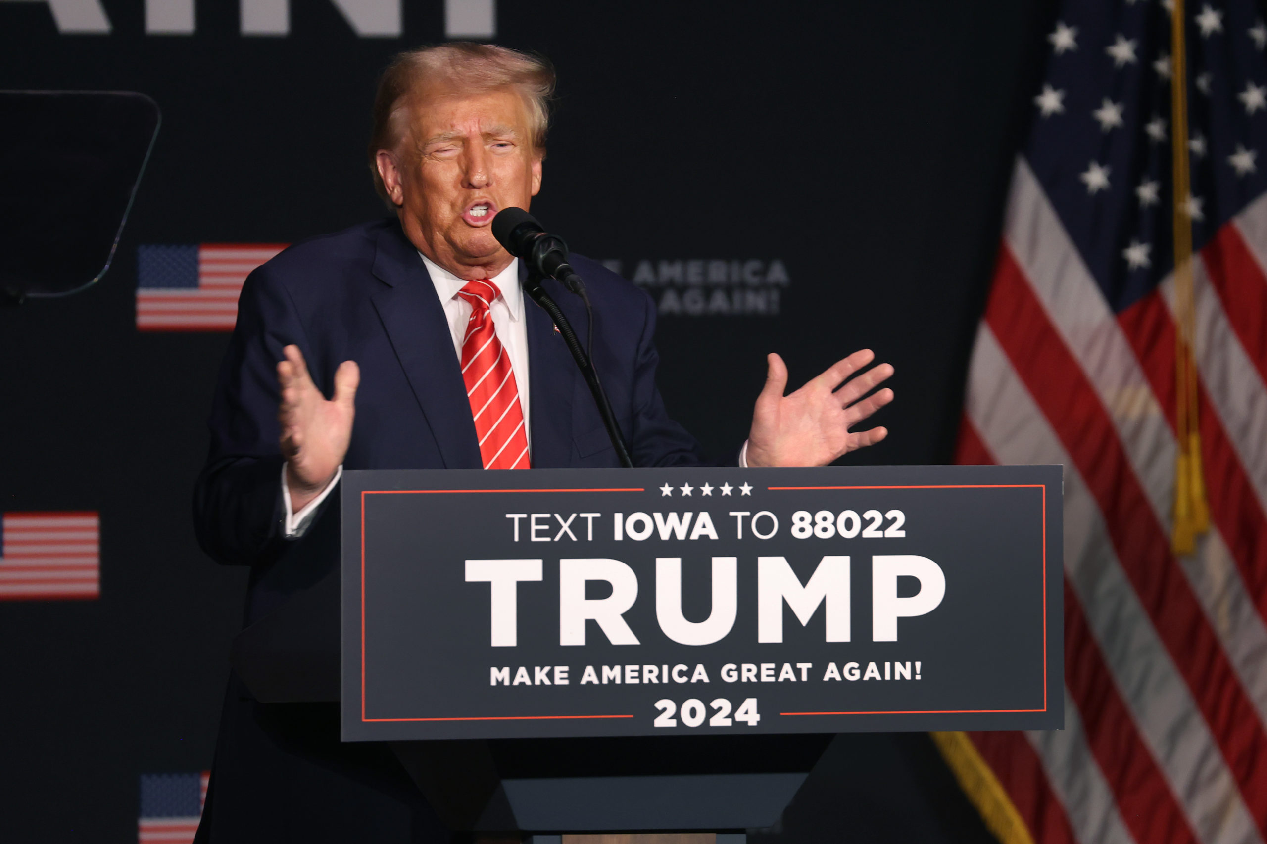 SIOUX CITY, IOWA - OCTOBER 29: Republican presidential candidate former U.S. President Donald Trump speaks to guests during a campaign event at the Orpheum Theater on October 29, 2023 in Sioux City, Iowa. On Saturday, Trump joined other Republican presidential candidates when he addressed Republican Jewish Coalition’s annual conference where his one-time vice president, Mike Pence, announced he was suspending his campaign. (Photo by Scott Olson/Getty Images)