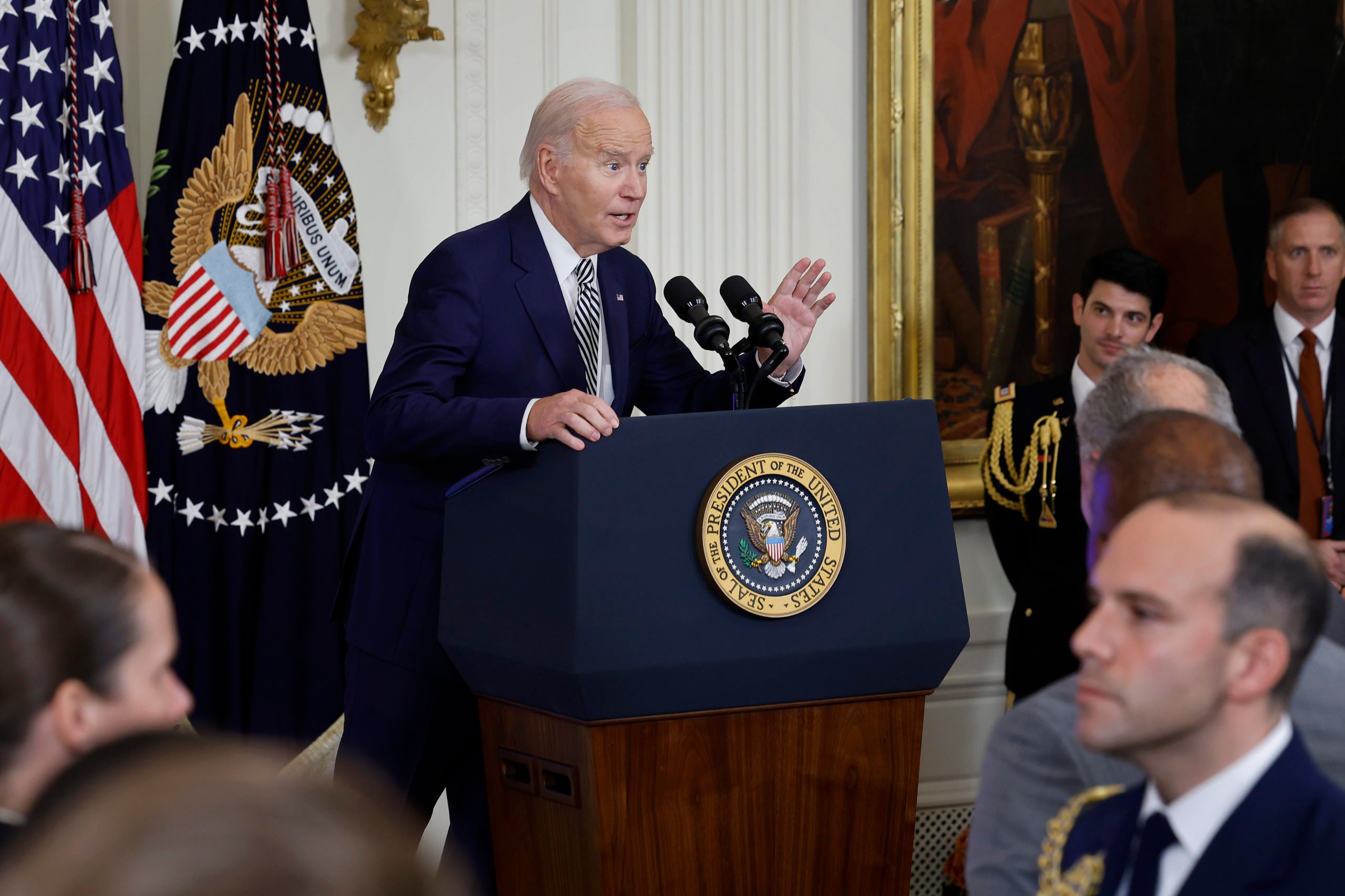 U.S. President Joe Biden delivers remarks about his administration's approach to artificial intelligence during an event in the East Room of the White House on October 30, 2023 in Washington, DC. President Biden issued a new executive order on Monday, directing his administration to create a new chief AI officer, track companies developing the most powerful AI systems, adopt stronger privacy policies and "both deploy AI and guard against its possible bias," creating new safety guidelines and industry standards. (Photo by Chip Somodevilla/Getty Images)