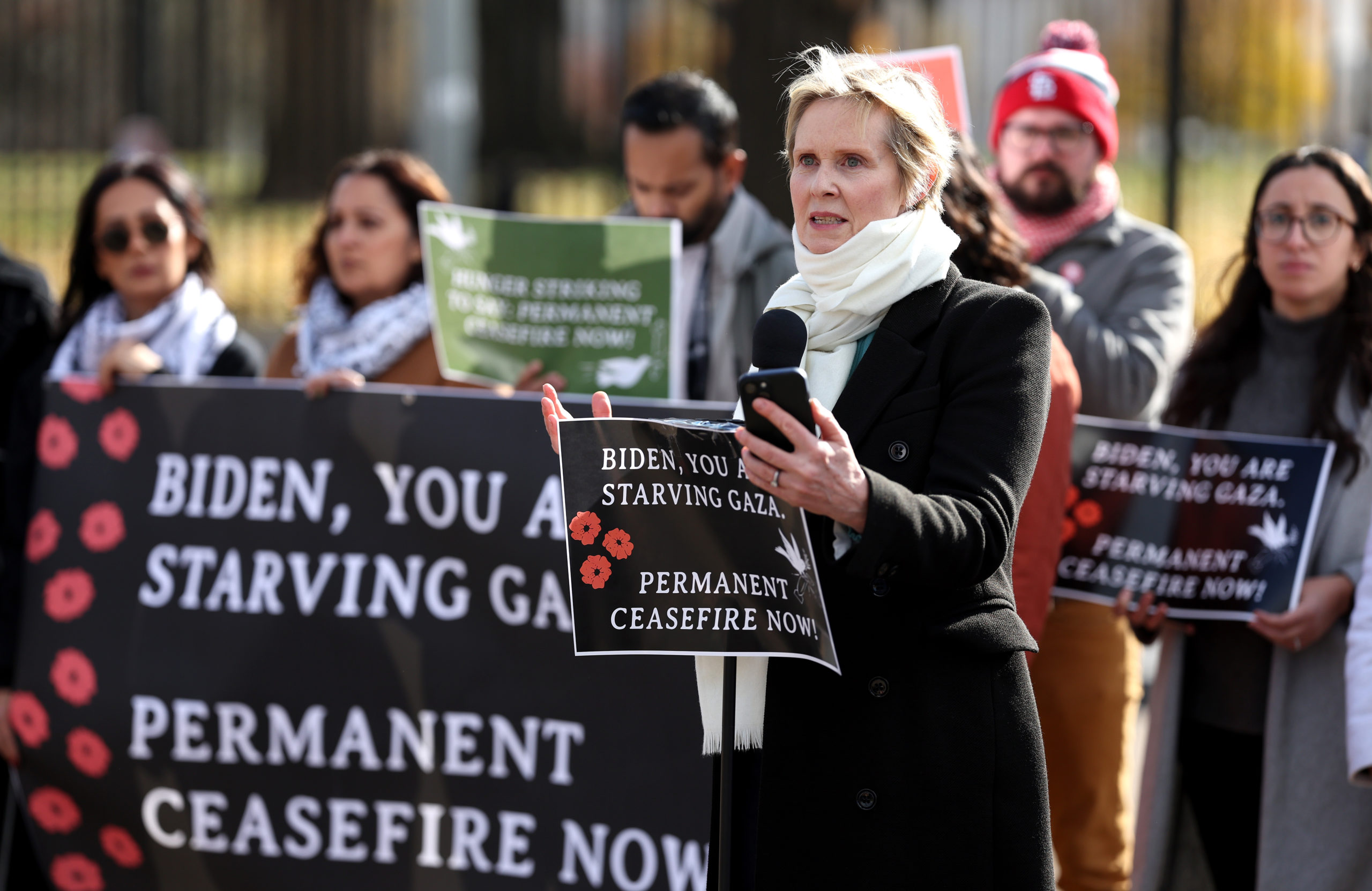 Actress Cynthia Nixon speaks as she announces a hunger strike calling for a ceasefire in Gaza outside the White House on November 27, 2023 in Washington, DC. Nixon, who was joined by state legislators, community leaders and activist, demands that President Biden call for a permanent ceasefire in the Israel-Hamas war and stops military aid to Israel. (Photo by Kevin Dietsch/Getty Images)