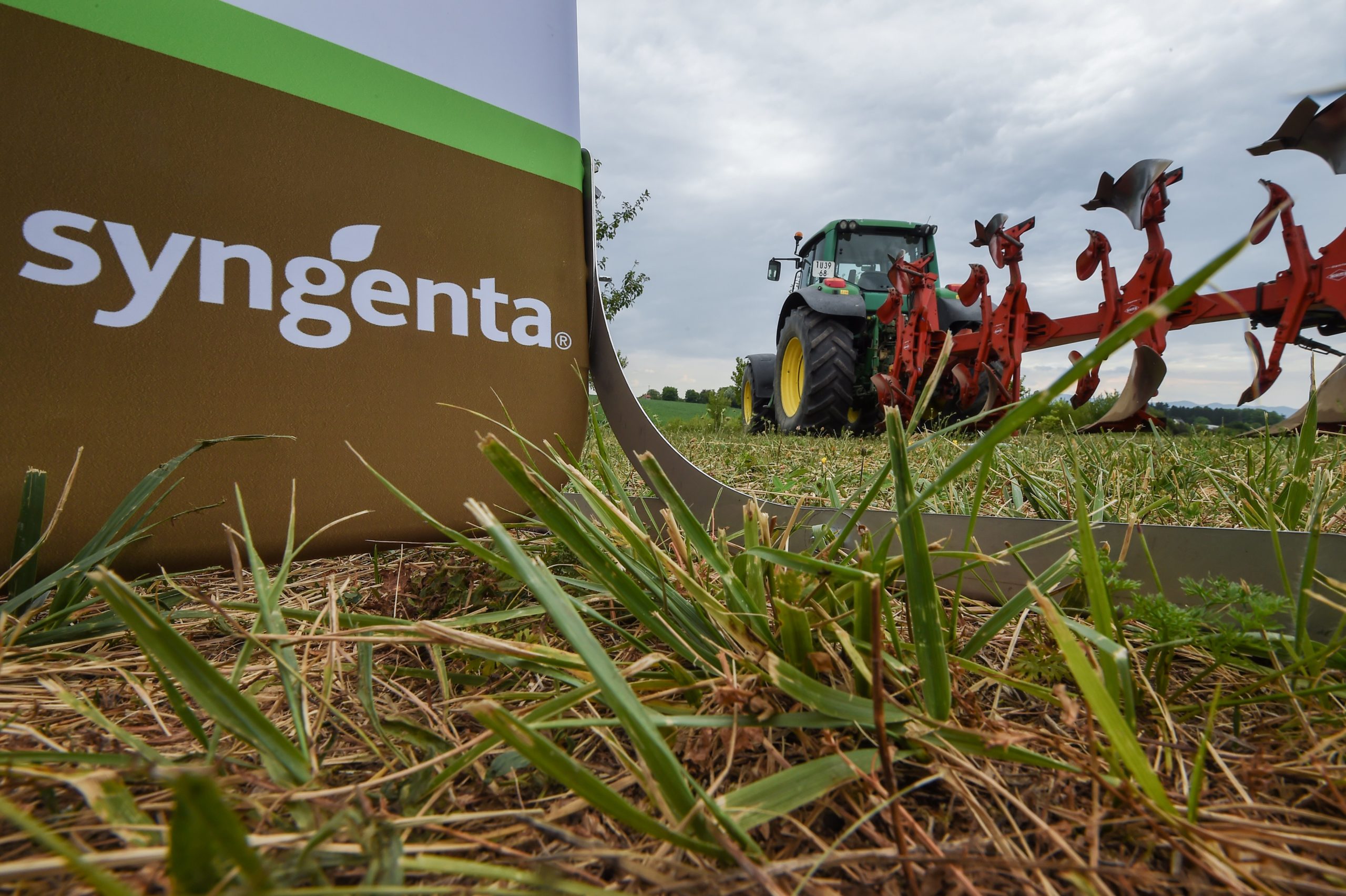 The logo of Swiss pesticide and seed giant Syngenta is pictured at a pilot farm on June 27, 2017 in Geispitzen. / AFP PHOTO / SEBASTIEN BOZON (Photo credit should read SEBASTIEN BOZON/AFP via Getty Images)