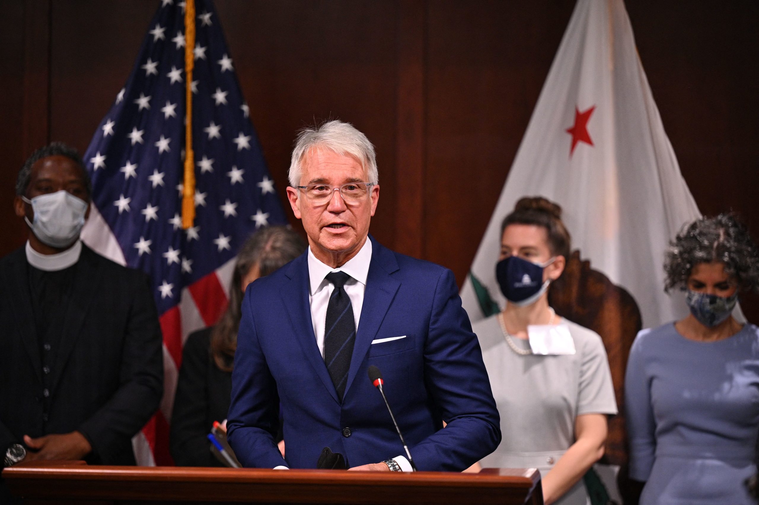 Los Angeles County District Attorney George Gascon speaks at a press conference, December 8, 2021 in Los Angeles, California. - Gascon was joined by a group of district attorneys from around the country at the press conference that was called for the accomplishments of his first year in office. (Photo by ROBYN BECK/AFP via Getty Images)