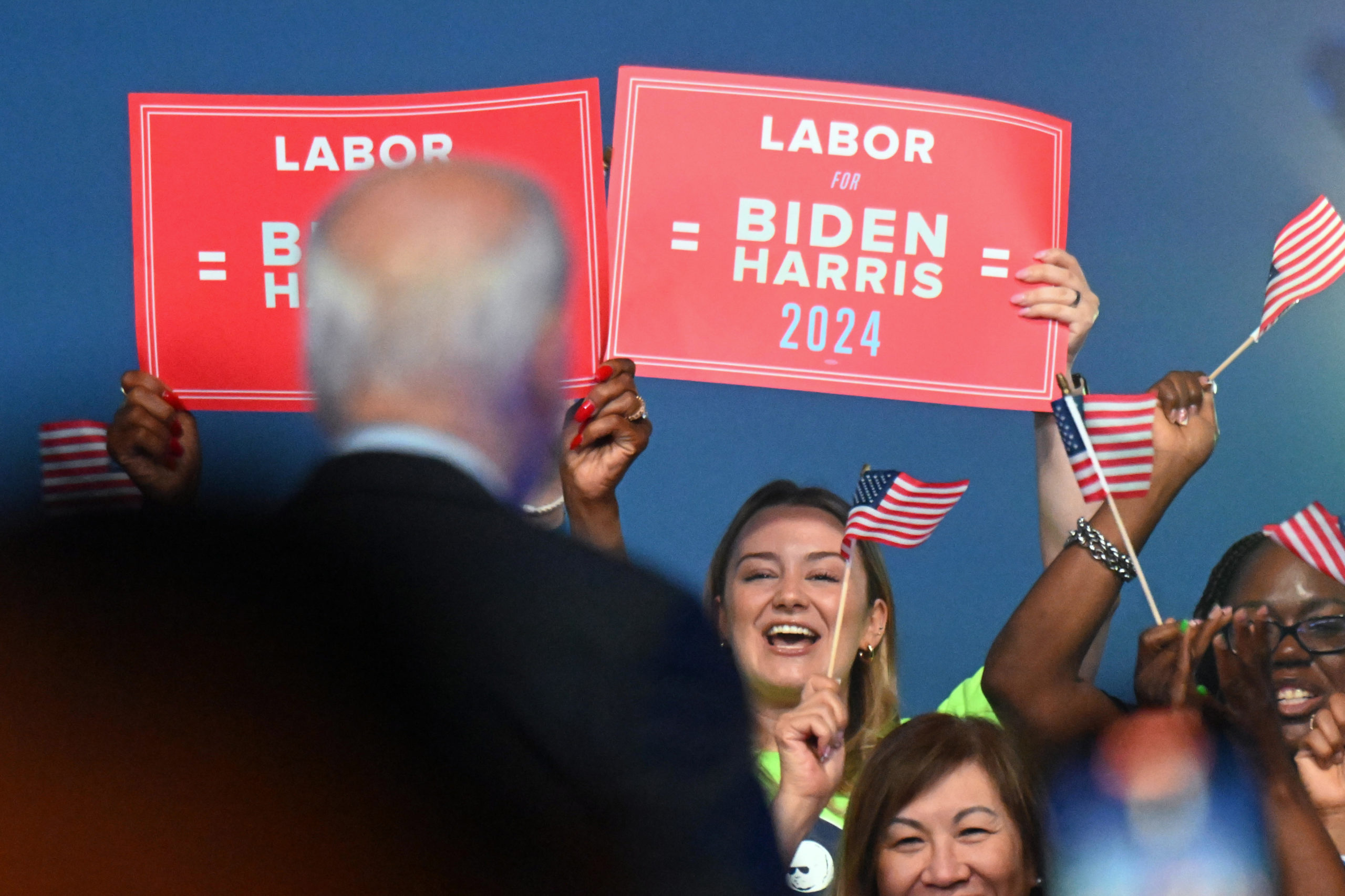 Supporters cheer as U.S. President Joe Biden addresses union workers on June 17, 2023 in Philadelphia, Pennsylvania. The labor rally highlights workers and the issues that motivate them to take action in advance of the 2024 election. (Photo by Mark Makela/Getty Images)