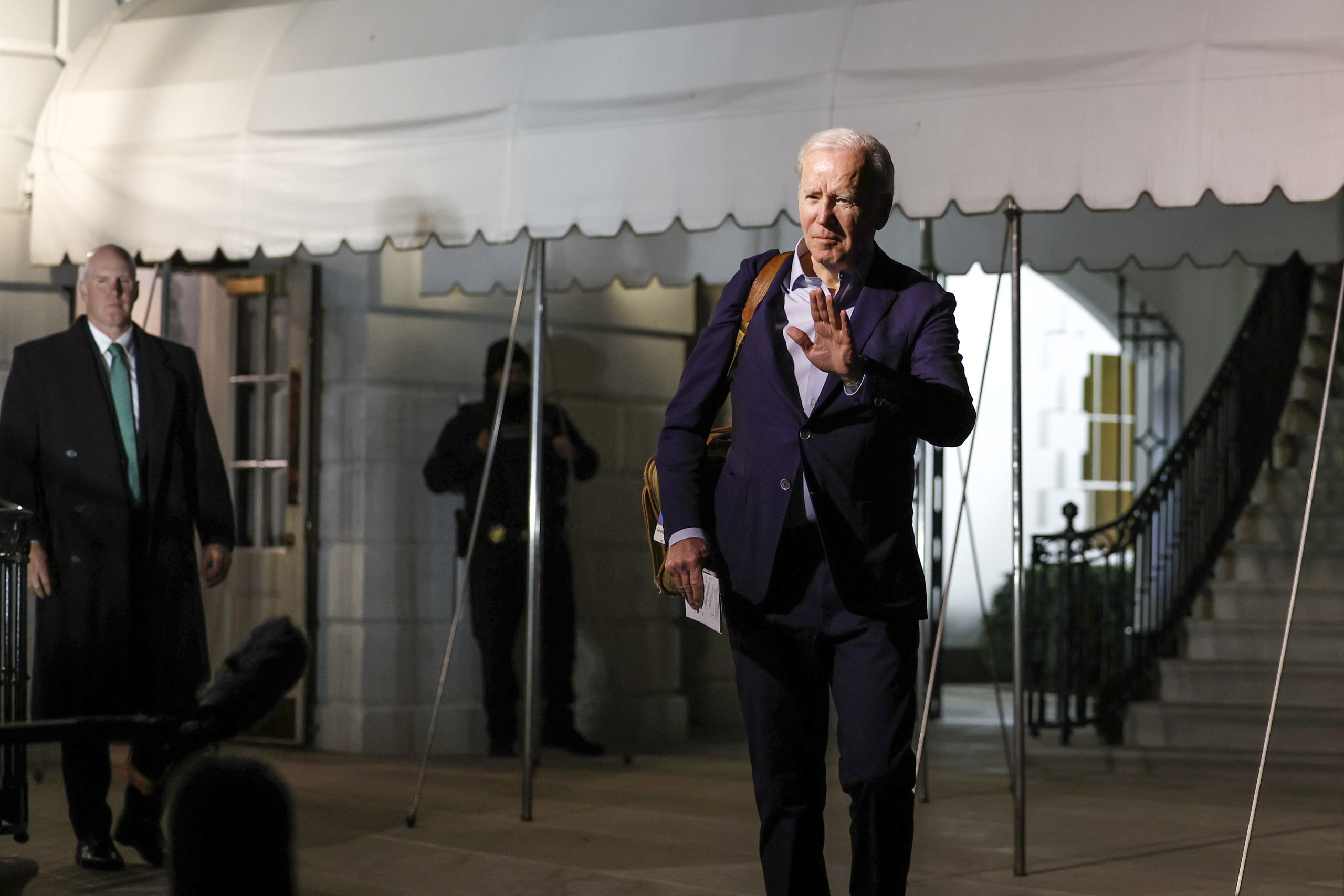 U.S. President Joe Biden walks to speak to reporters as he and first lady Jill Biden leave the White House and walk to Marine One on the South Lawn on December 27, 2022 in Washington, DC. The Bidens are spending the New Years holiday in St. Croix, United States Virgin Islands. (Photo by Anna Moneymaker/Getty Images)