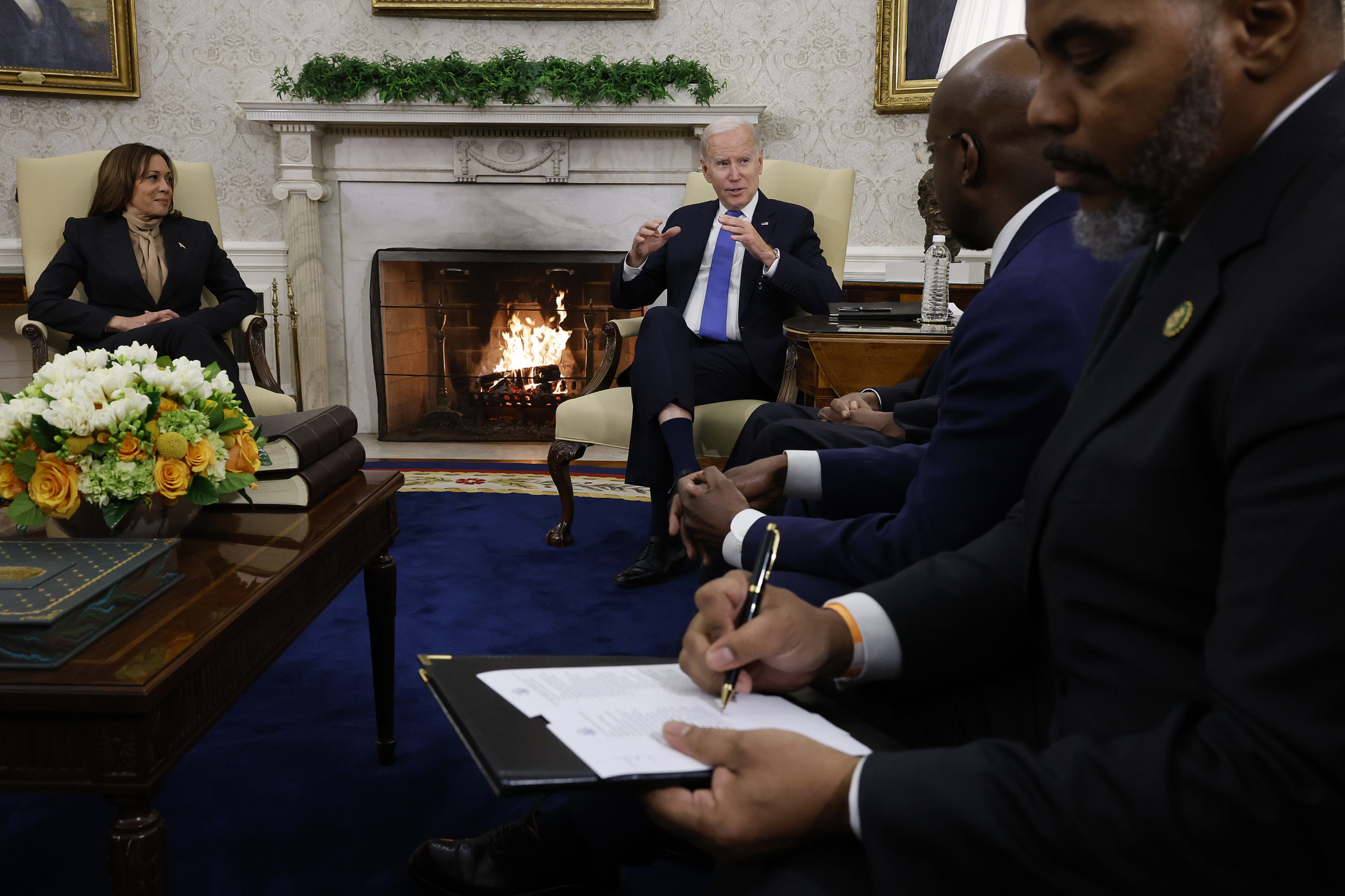 U.S. President Joe Biden and Vice President Kamala Harris (L) host a meeting with members of the Congressional Black Caucus, including Sen. Raphael Warnock (D-GA) and Rep. Steven Horsford (D-NV), in the Oval Office at the White House on February 02, 2023 in Washington, DC. Members of the caucus encouraged the administration to push for national law enforcement reform in the wake of several high-profile killings of unarmed Black men, most recently the beating death of Tyre Nichols by Memphis police officers. (Photo by Chip Somodevilla/Getty Images)