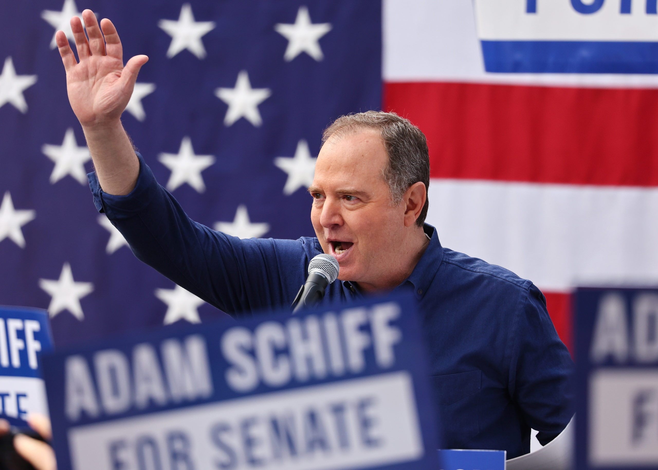 BURBANK, CALIFORNIA - FEBRUARY 11: U.S. Rep. Adam Schiff (D-CA) waves to supporters outside the International Alliance of Theatrical Stage Employees (IATSE) Union Hall, at the kickoff rally for his two-week ‘California for All Tour’, on February 11, 2023 in Burbank, California. Schiff has launched his U.S. Senate campaign and is running in a Democratic field which includes Rep. Katie Porter (D-CA) in the 2024 race to replace Sen. Dianne Feinstein (D-CA), who is expected to retire. (Photo by Mario Tama/Getty Images)