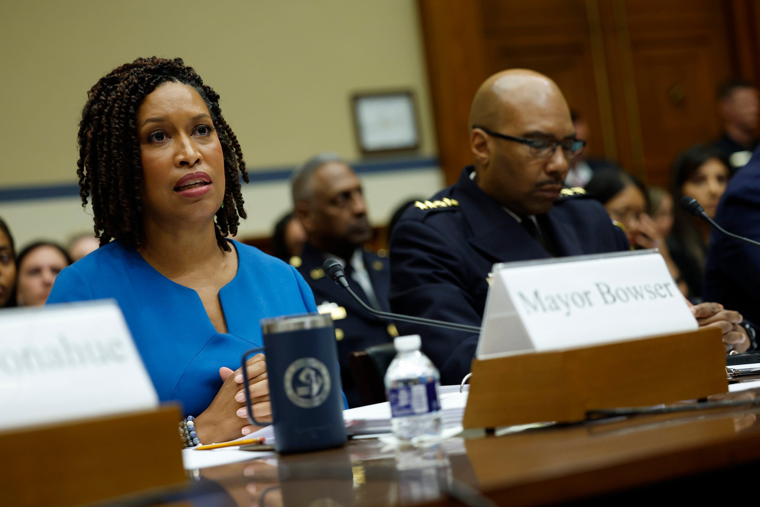 WASHINGTON, DC - MAY 16: Washington DC Mayor Muriel Bowser and outgoing Washington, DC Chief of Police Robert Conte testify before the House Oversight and Accountability Committee in the Rayburn House Office Building on May 16, 2023 in Washington, DC. The committee held an oversight hearing on Washington, D.C. (Photo by Kevin Dietsch/Getty Images)