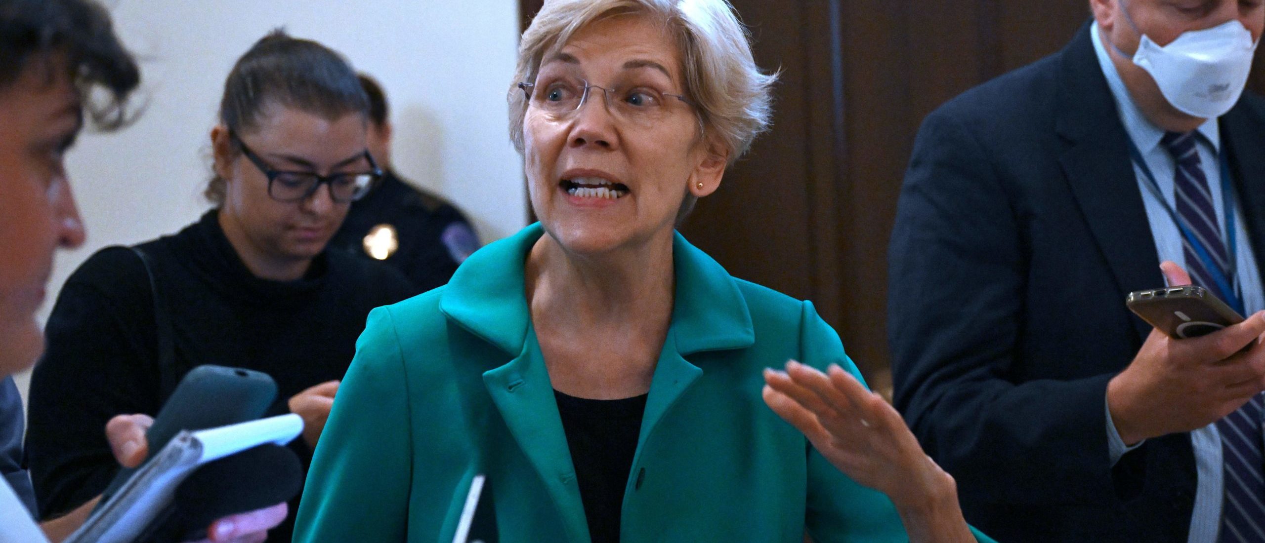 US Democratic Senator from Massachusetts Elizabeth Warren speaks to reporters after she left a US Senate bipartisan Artificial Intelligence (AI) Insight Forum hearing at the US Capitol in Washington, DC, on September 13, 2023. (Photo by ANDREW CABALLERO-REYNOLDS / AFP)