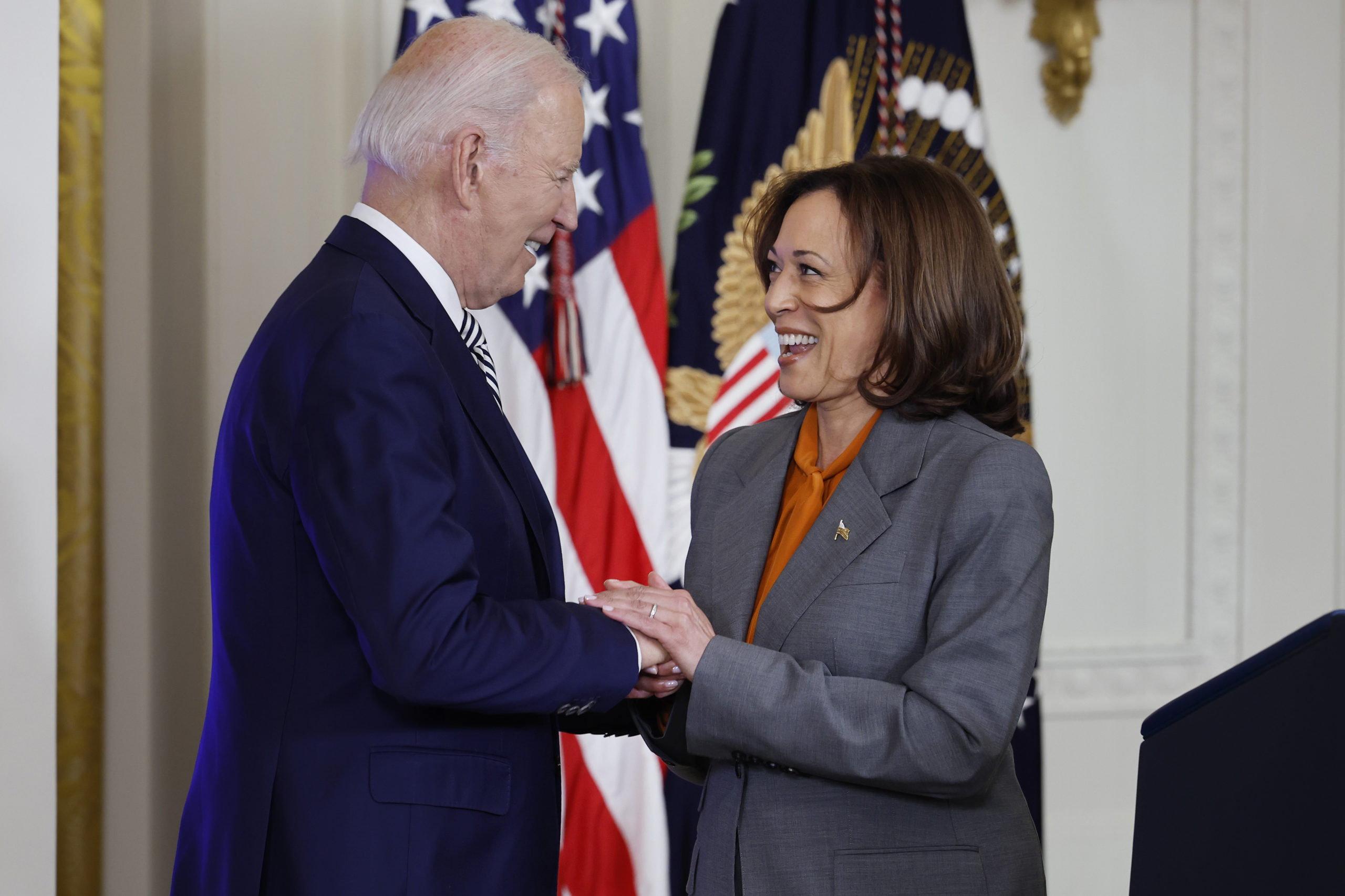 U.S. Vice President Kamala Harris introduces President Joe Biden during an event about their administration's work to regulate artificial intelligence in the East Room of the White House on October 30, 2023 in Washington, DC. President Biden issued a new executive order on Monday, directing his administration to create a new chief AI officer, track companies developing the most powerful AI systems, adopt stronger privacy policies and "both deploy AI and guard against its possible bias," creating new safety guidelines and industry standards. (Photo by Chip Somodevilla/Getty Images)