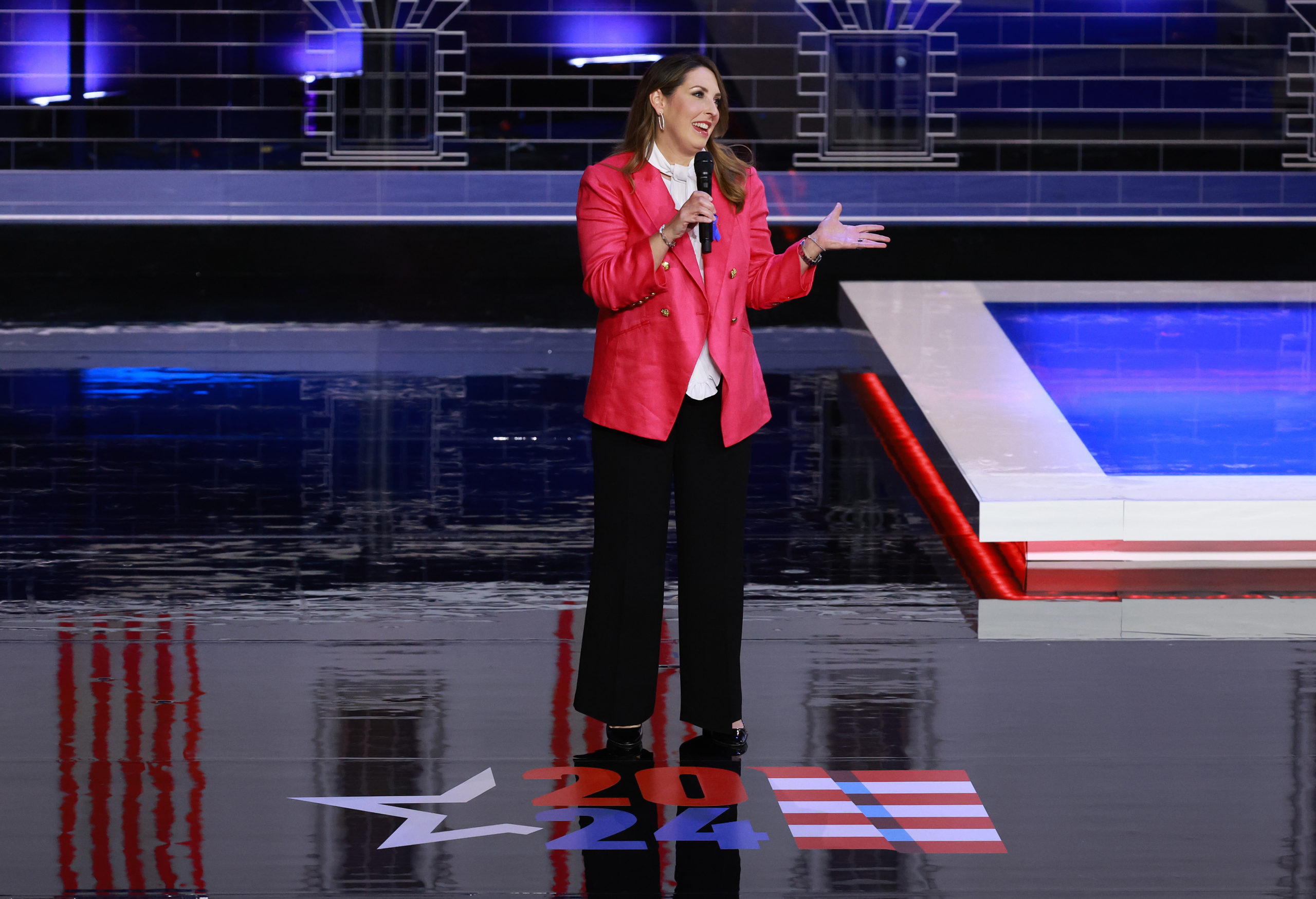 MIAMI, FLORIDA - NOVEMBER 08: RNC Chairwoman Ronna McDaniel delivers remarks before the NBC News Republican Presidential Primary Debate at the Adrienne Arsht Center for the Performing Arts of Miami-Dade County on November 8, 2023 in Miami, Florida. Five presidential hopefuls including, former New Jersey Gov. Chris Christie, former U.N. Ambassador Nikki Haley, Florida Gov. Ron DeSantis, Vivek Ramaswamy and U.S. Sen. Tim Scott (R-SC), squared off in the third Republican primary debate as former U.S. President Donald Trump, currently facing indictments in four locations, declined again to participate. (Photo by Joe Raedle/Getty Images)