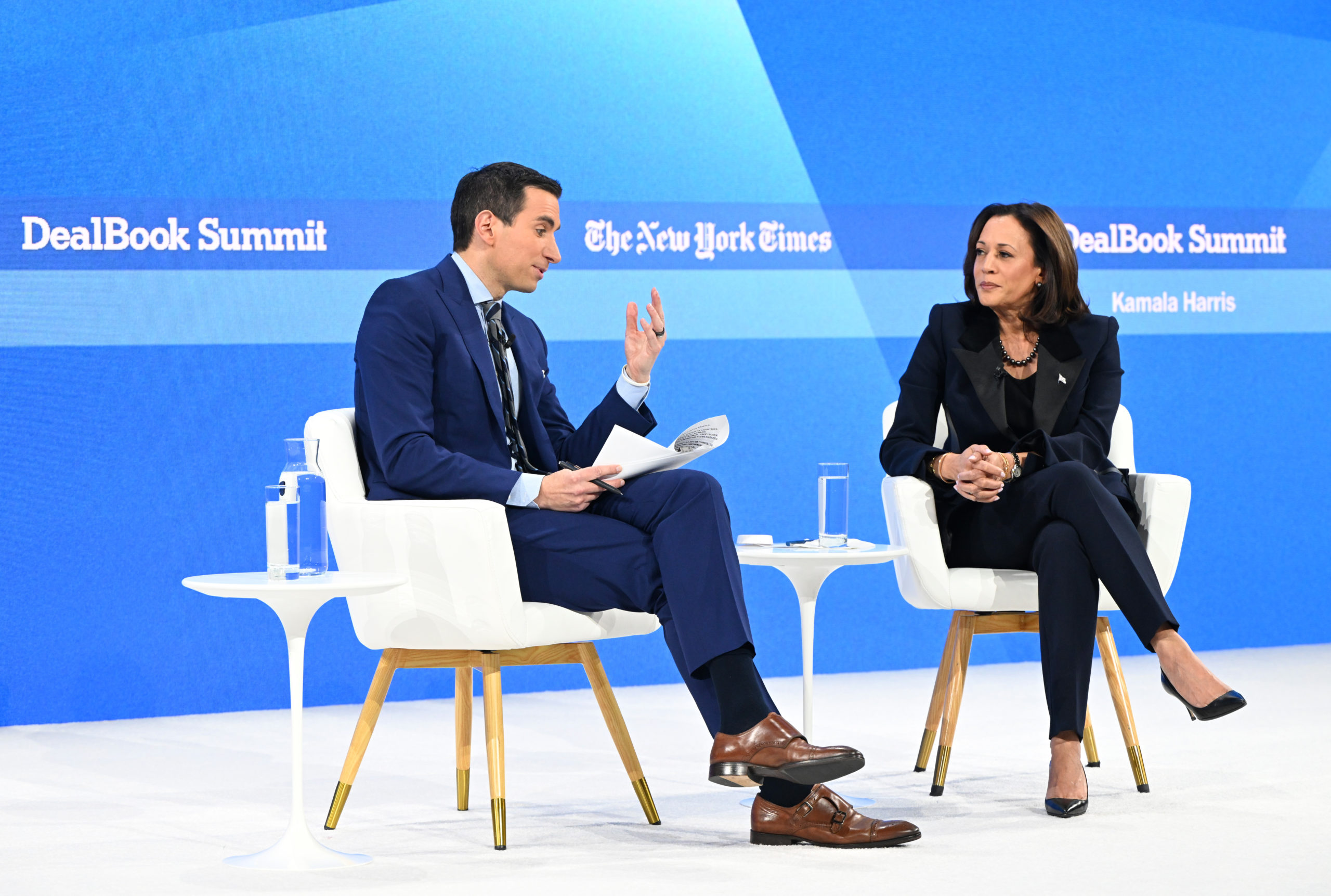 Andrew Ross Sorkin and Vice President Kamala Harris speak onstage during The New York Times Dealbook Summit 2023 at Jazz at Lincoln Center on November 29, 2023 in New York City. (Photo by Slaven Vlasic/Getty Images for The New York Times)