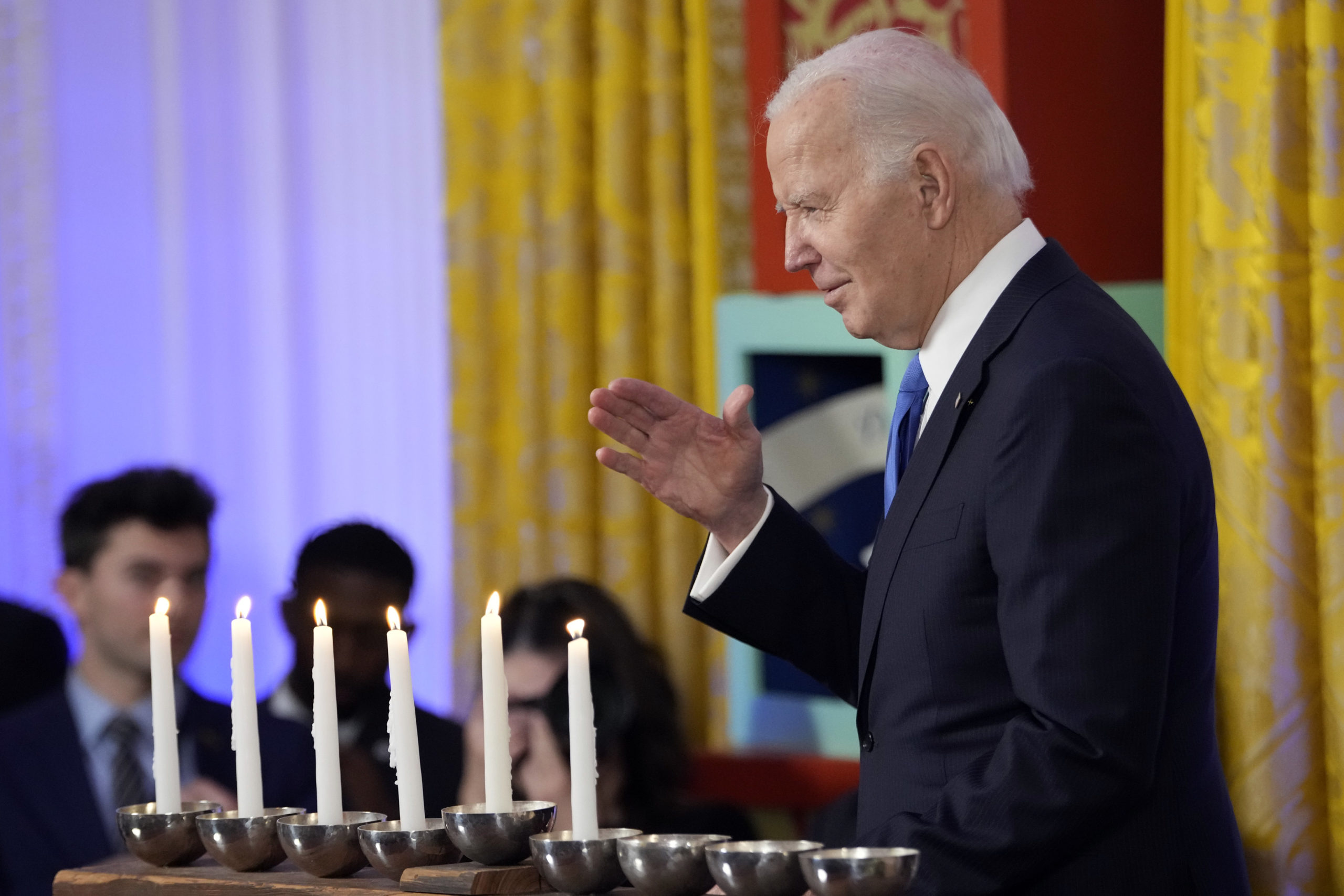 President Joe Biden speaks at a Hanukkah reception in the East Room of the White House on December 11, 2023 in Washington, DC. President Biden and first lady Jill Biden host a reception to mark the Jewish holidays. (Photo by Jacquelyn Martin - Pool/Getty Images)