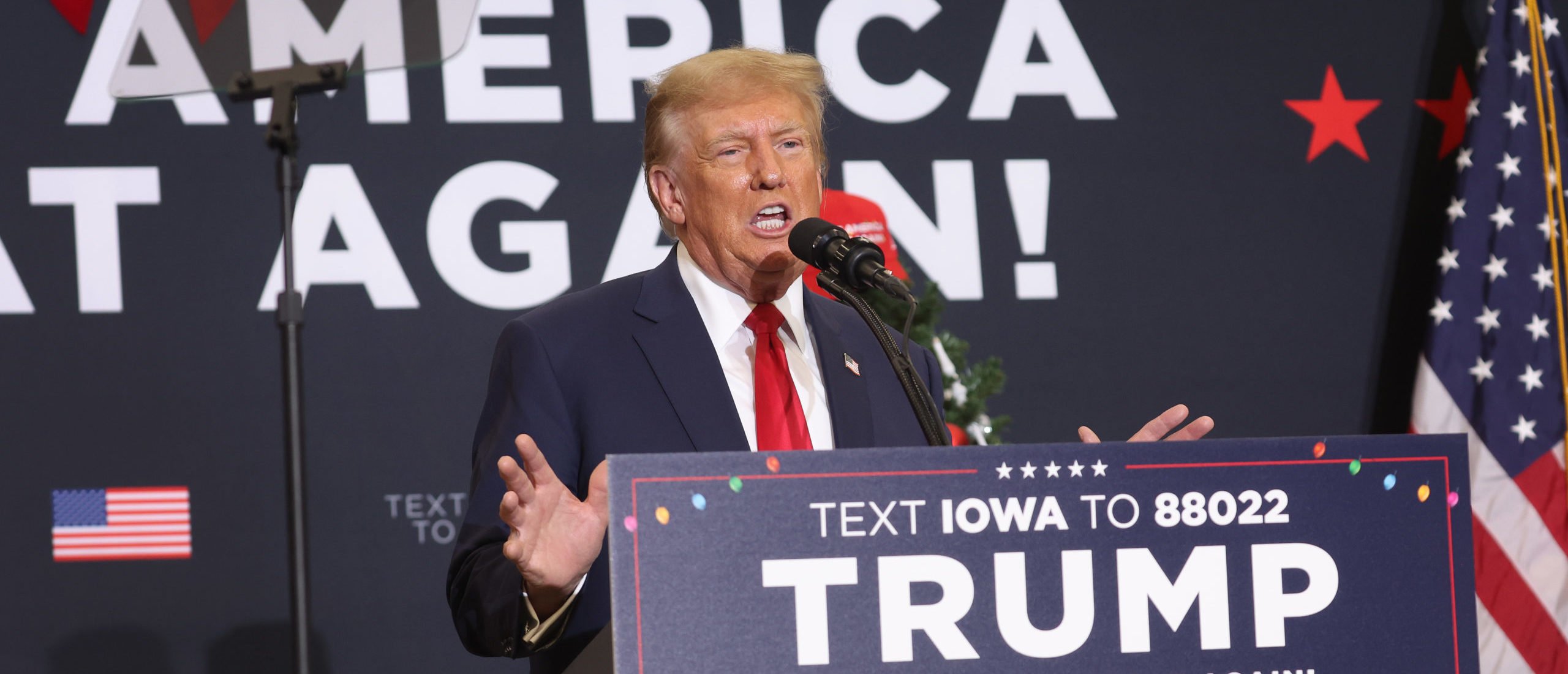 WATERLOO, IOWA - DECEMBER 19: Republican presidential candidate and former U.S. President Donald Trump speaks to guests at a campaign event on December 19, 2023 in Waterloo, Iowa. Iowa Republicans will be the first to select their party's nomination for the 2024 presidential race, when they go to caucus on January 15, 2024. (Photo by Scott Olson/Getty Images)