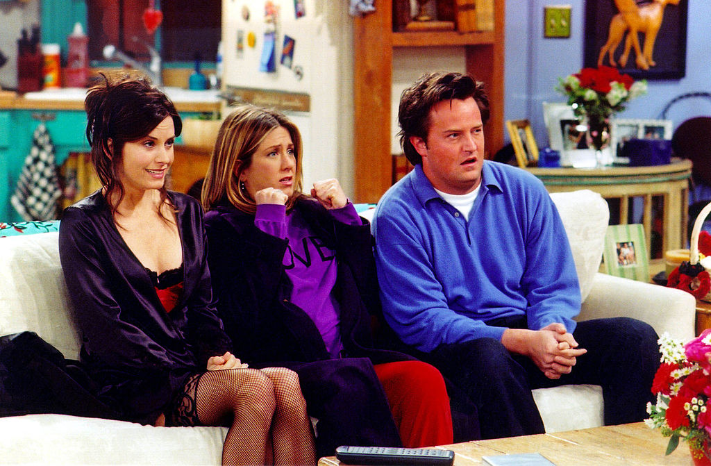 UNDATED PHOTO: Actors Courteney Cox Arquette (L), Jennifer Aniston (C) and Matthew Perry are shown in a scene from the NBC series "Friends". The series received 11 Emmy nominations, including outstanding comedy series, by the Academy of Television Arts and Sciences July 18, 2002 in Los Angeles, California. (Photo by Warner Bros. Television/Getty Images)