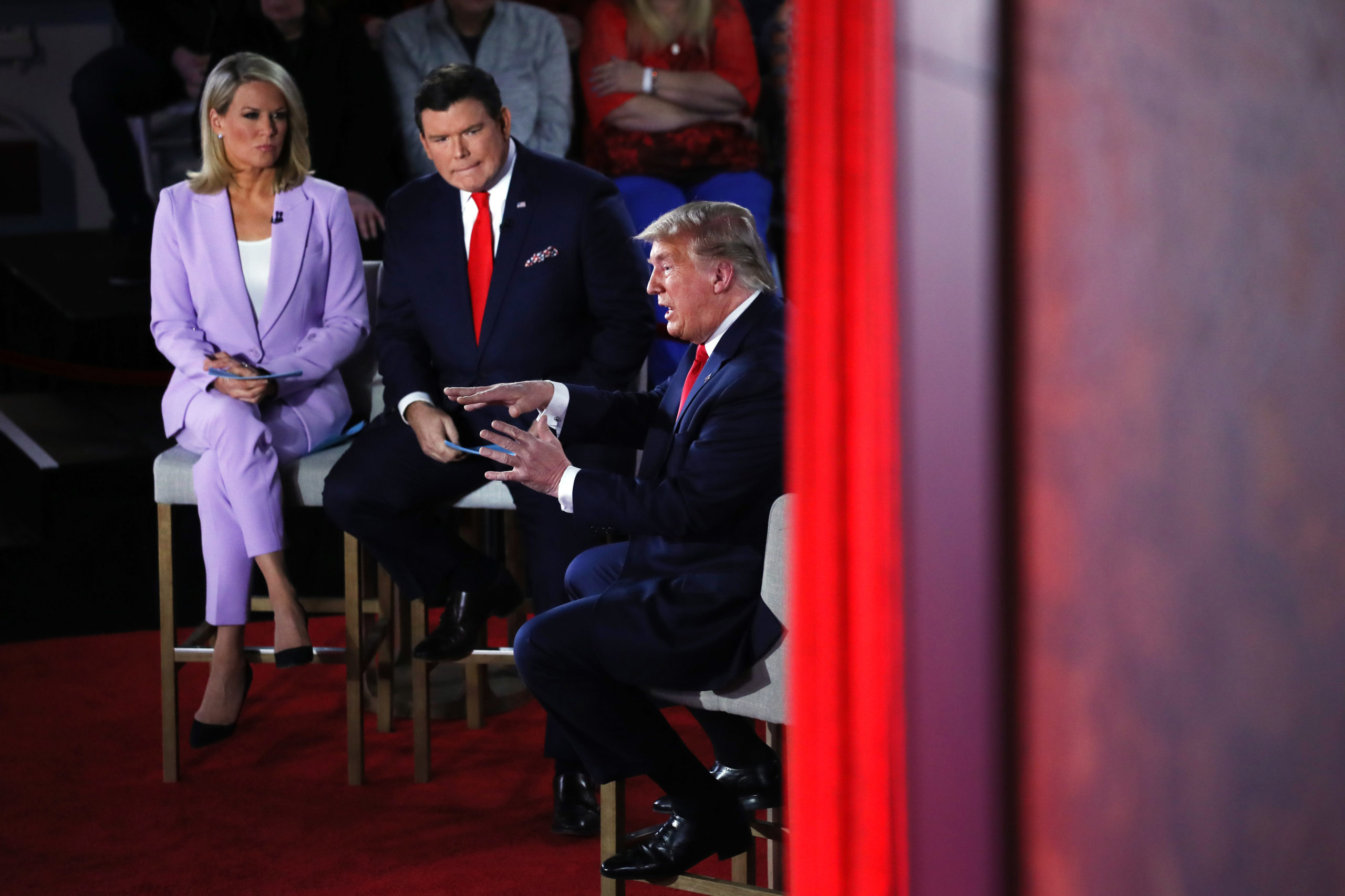 President Donald Trump participates in a Fox News Town Hall event with moderators Bret Baier and Martha MacCallum on March 05, 2020 in Scranton, Pennsylvania. Among other topics, President Trump discussed his administration's response to the Coronavirus and the economy. (Photo by Spencer Platt/Getty Images)