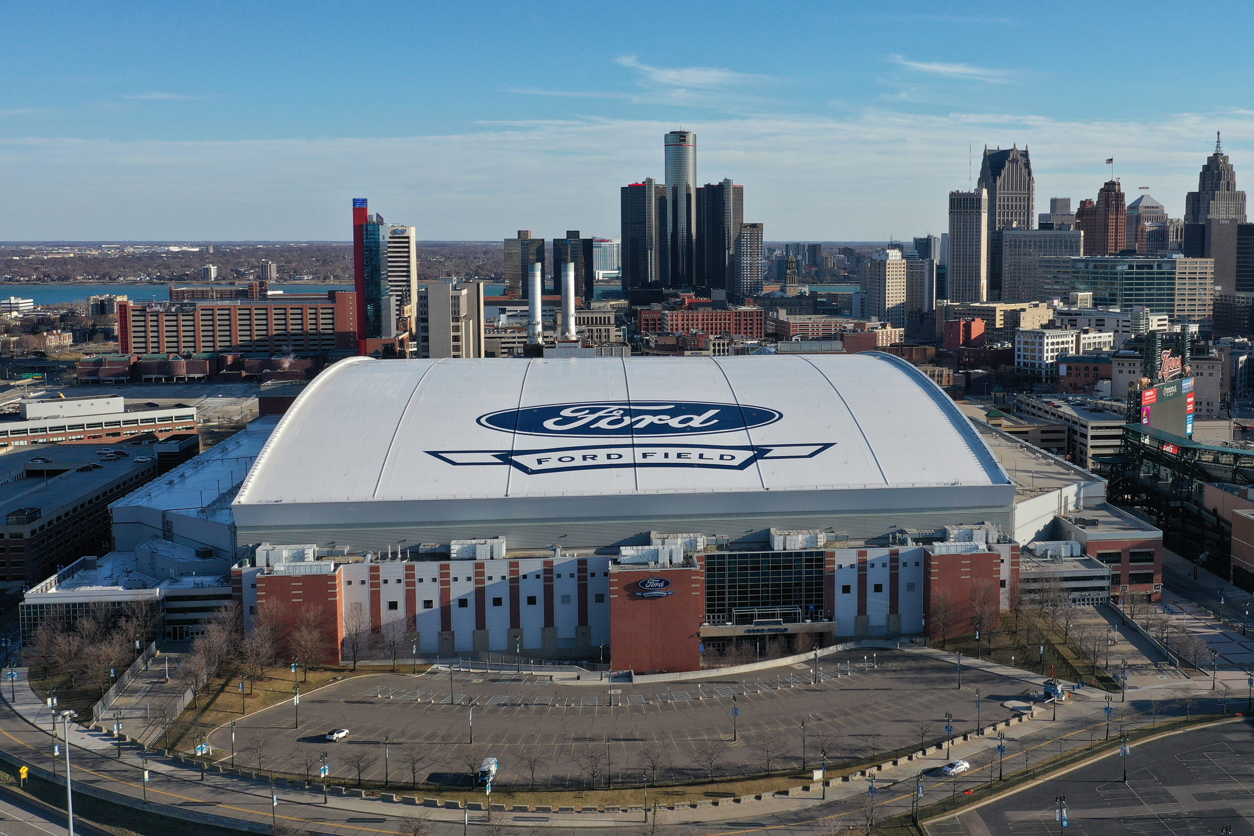 DETROIT, MICHIGAN - MARCH 14: Aerial general view from a drone of of Ford Field on March 14, 2020 in Detroit, Michigan. Gregory Shamus/Getty Images
