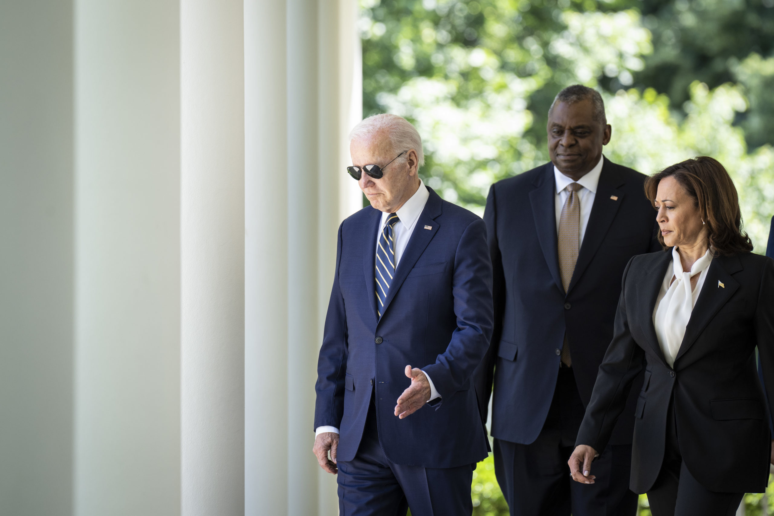 U.S. President Joe Biden, Secretary of Defense Lloyd Austin and Vice President Kamala Harris arrive for an event to announce the President's intent to nominate Gen. Charles Q. Brown, Jr. to serve as the next Chairman of the Joint Chiefs of Staff in the Rose Garden of the White House May 25, 2023 in Washington, DC. Brown is currently the U.S. Air Force chief of staff. If confirmed by the Senate, Brown would be second African-American man, after Colin Powell, to hold the position of Joint Chiefs of Staff, the senior military adviser to the president. (Photo by Drew Angerer/Getty Images)