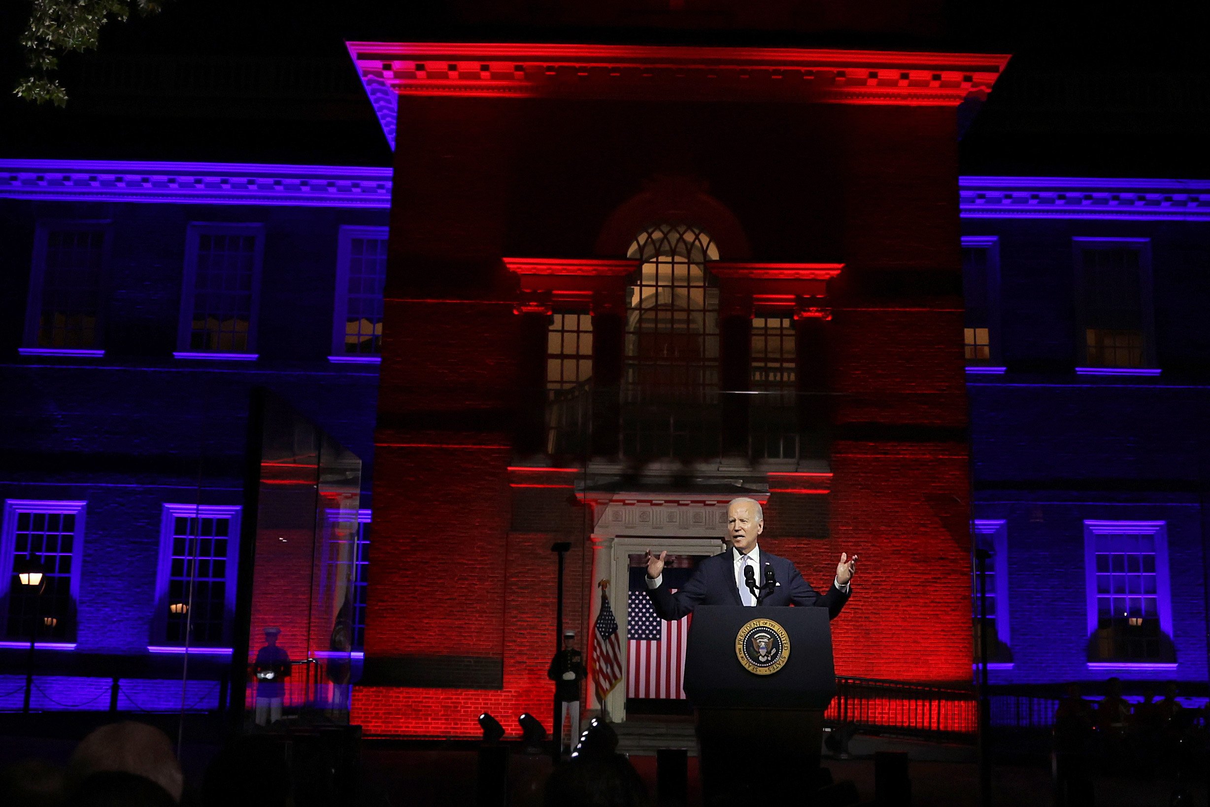  U.S. President Joe Biden delivers a primetime speech at Independence National Historical Park September 1, 2022 in Philadelphia, Pennsylvania. President Biden spoke on “the continued battle for the Soul of the Nation.” (Photo by Alex Wong/Getty Images)