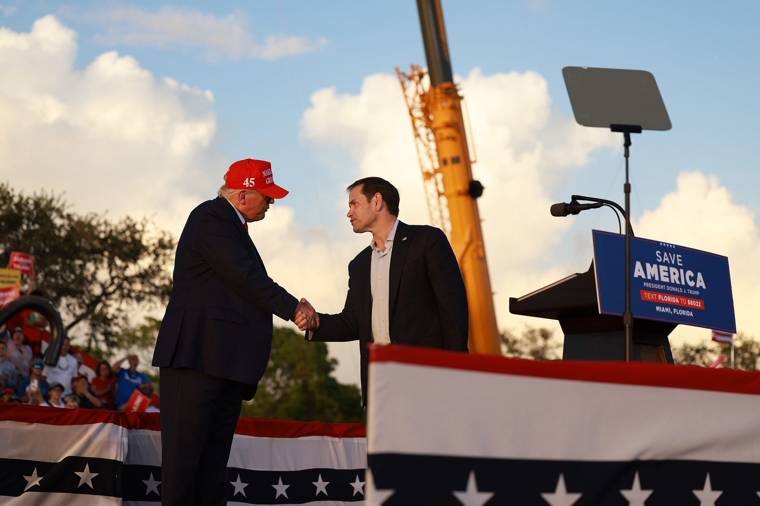 MIAMI, FLORIDA - NOVEMBER 06: Former U.S. President Donald Trump shakes hands with Sen. Marco Rubio (R-FL) during a rally at the Miami-Dade County Fair and Exposition on November 6, 2022 in Miami, Florida. Rubio faces U.S. Rep. Val Demings (D-FL) in his reelection bid in Tuesday's general election. (Photo by Joe Raedle/Getty Images)