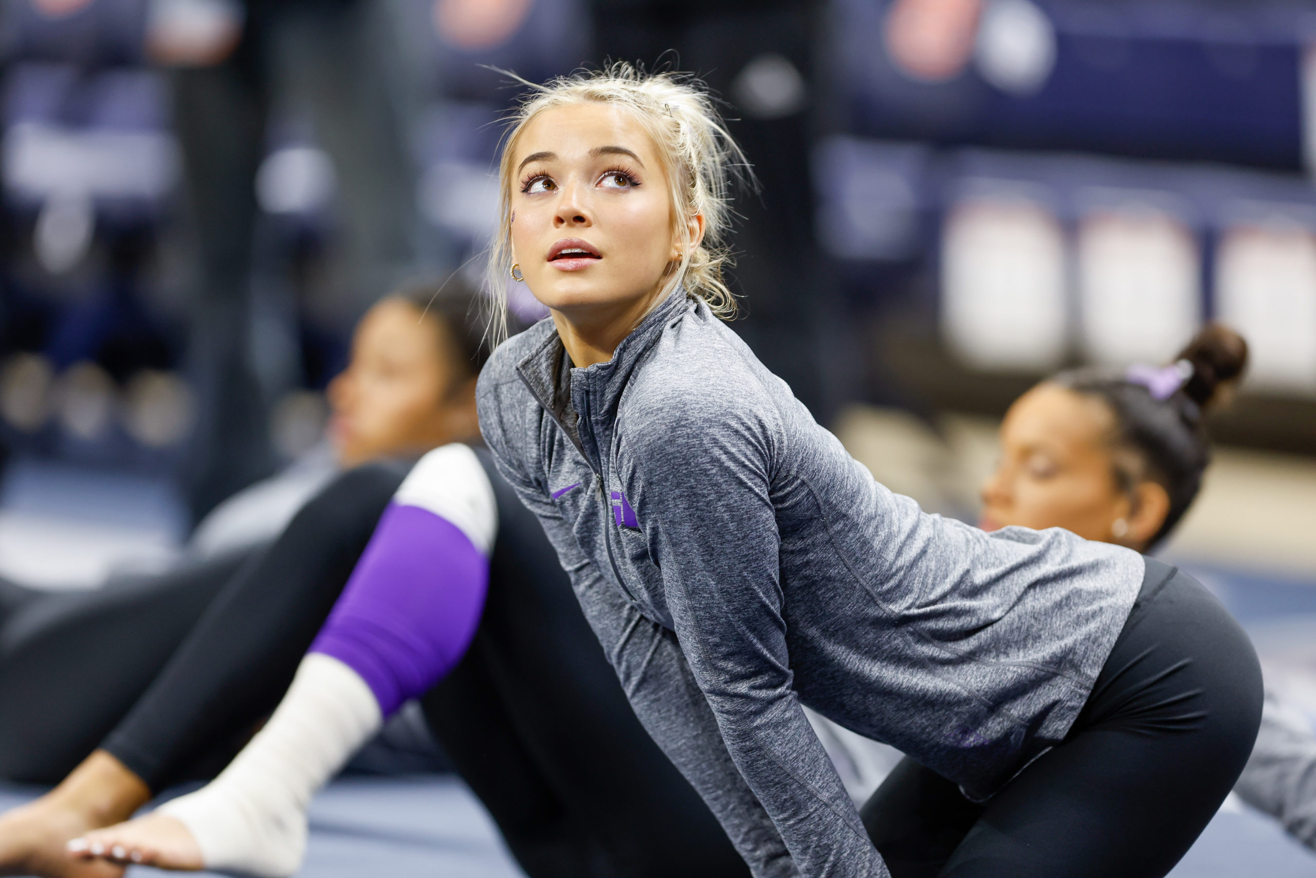 AUBURN, AL - FEBRUARY 10: Olivia Dunne of LSU stretches before a meet against Auburn at Neville Arena on February 10, 2023 in Auburn, Alabama. Stew Milne/Getty Images