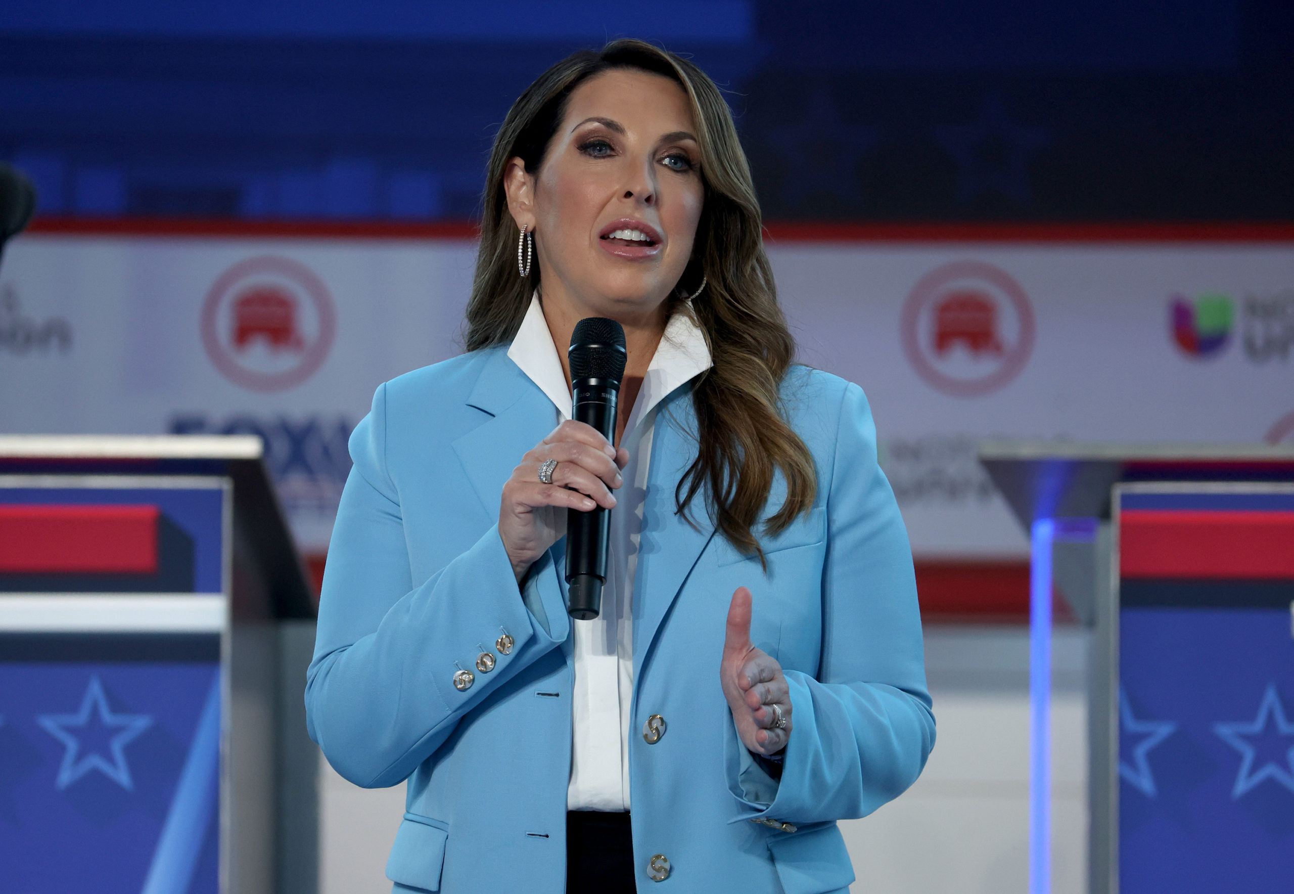 SIMI VALLEY, CALIFORNIA - SEPTEMBER 27: Ronna McDaniel, Chair of the Republican Party, delivers remarks during the FOX Business Republican Primary Debate at the Ronald Reagan Presidential Library on September 27, 2023 in Simi Valley, California. Seven presidential hopefuls squared off in the second Republican primary debate as former U.S. President Donald Trump, currently facing indictments in four locations, declined again to participate. (Photo by Justin Sullivan/Getty Images)