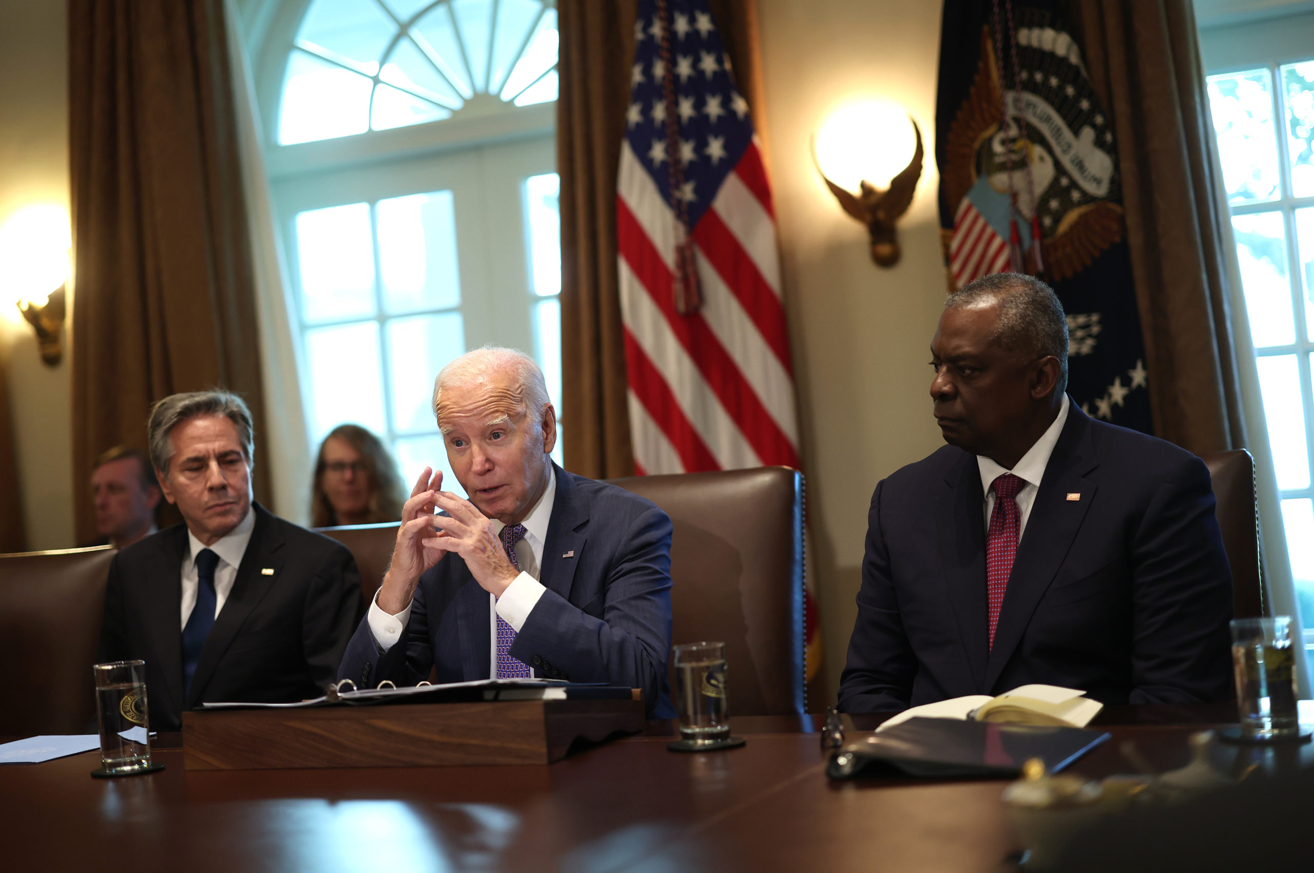 U.S. President Joe Biden holds a Cabinet meeting at the White House on October 02, 2023 in Washington, DC. Biden held the meeting to discuss economic legislation, artificial intelligence, and gun violence. Biden was joined by Secretary of State Antony Blinken (L) and Defense Secretary Lloyd Austin. (Photo by Kevin Dietsch/Getty Images)