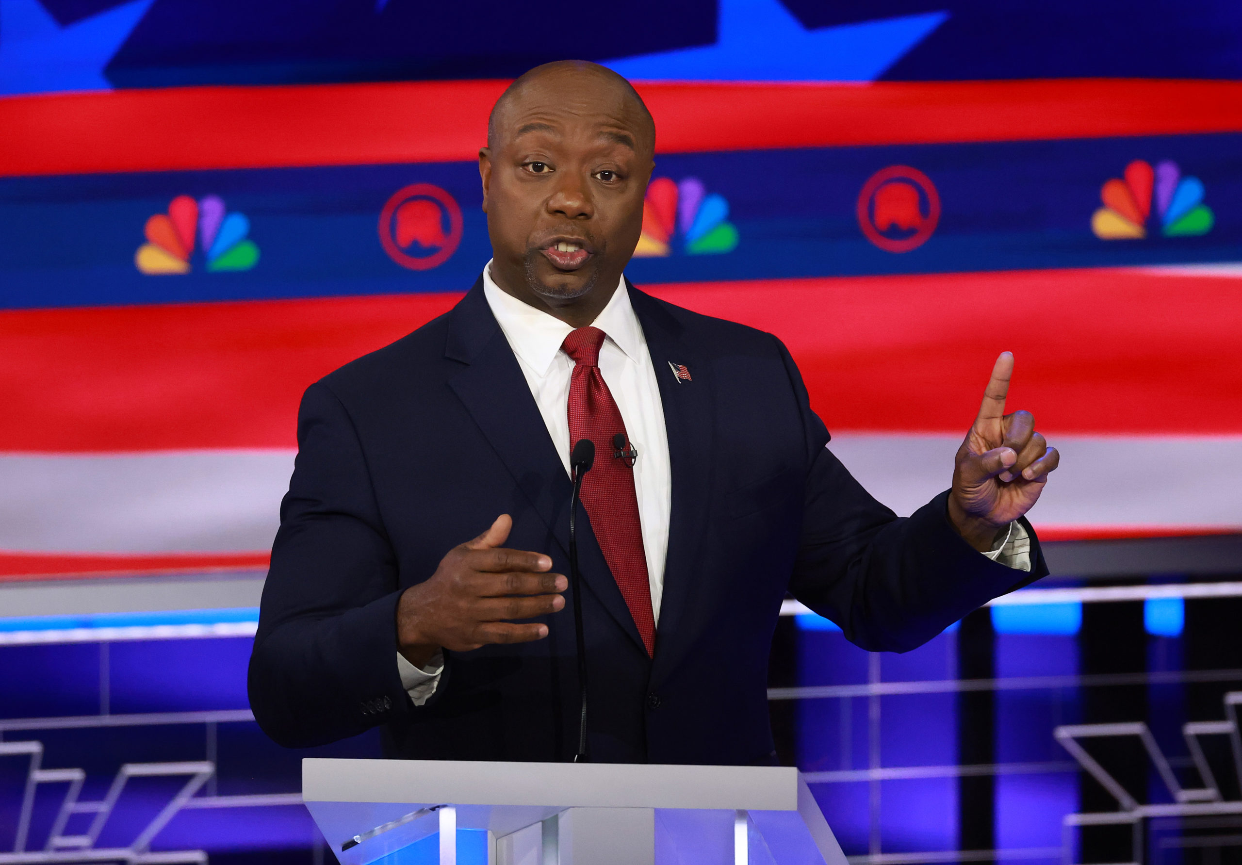 MIAMI, FLORIDA - NOVEMBER 08: Republican presidential candidate U.S. Sen. Tim Scott (R-SC) speaks during the NBC News Republican Presidential Primary Debate at the Adrienne Arsht Center for the Performing Arts of Miami-Dade County on November 8, 2023 in Miami, Florida. Five presidential hopefuls squared off in the third Republican primary debate as former U.S. President Donald Trump, currently facing indictments in four locations, declined again to participate. (Photo by Joe Raedle/Getty Images)