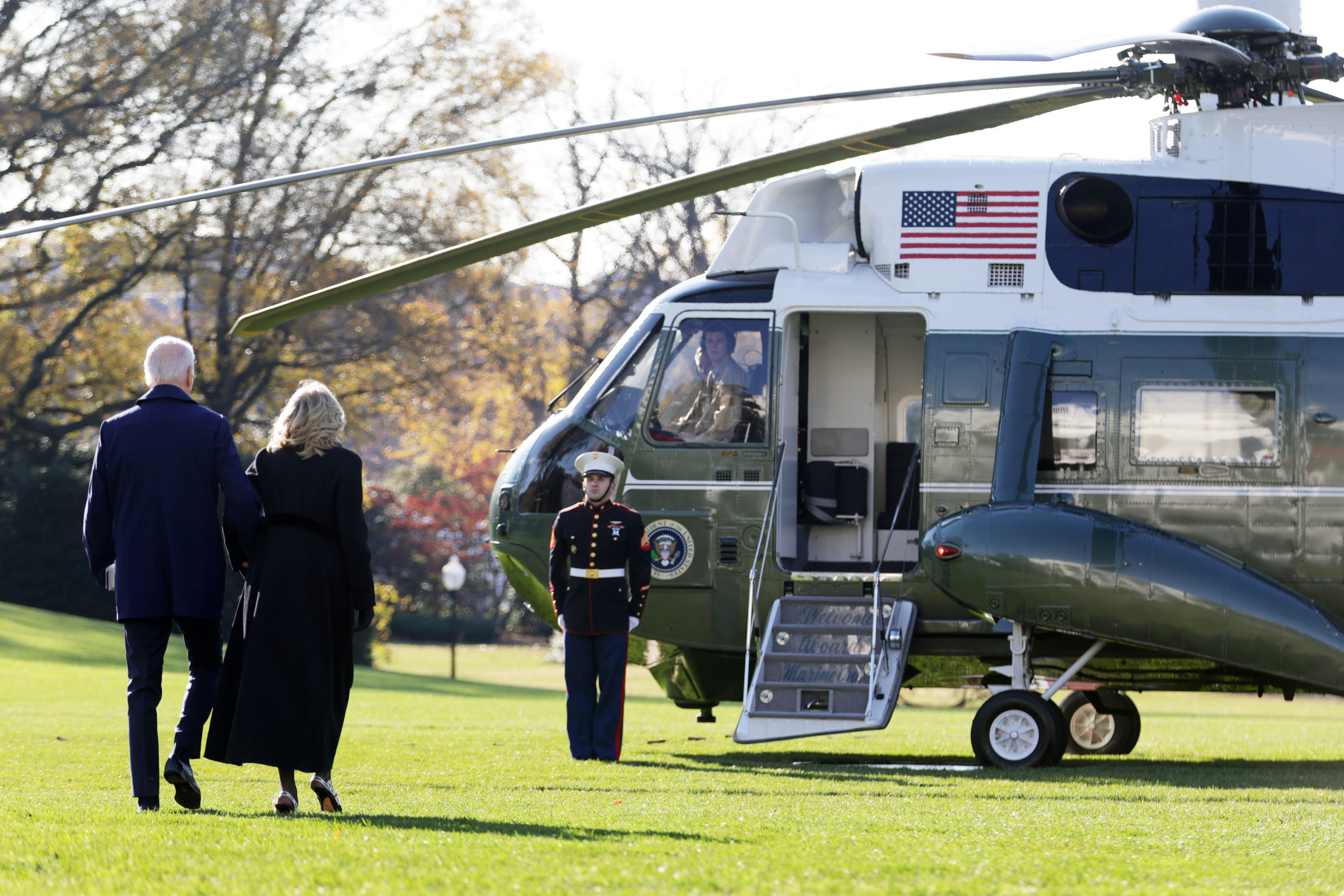 U.S. President Joe Biden and first lady Jill Biden walk to Marine One prior to a departure from the White House on November 28, 2023 in Washington, DC. The Bidens are travelling to Atlanta, Georgia to attend a tribute service for former first lady Rosalynn Carter, who passed away on November 19 at the age of 96. (Photo by Alex Wong/Getty Images)
