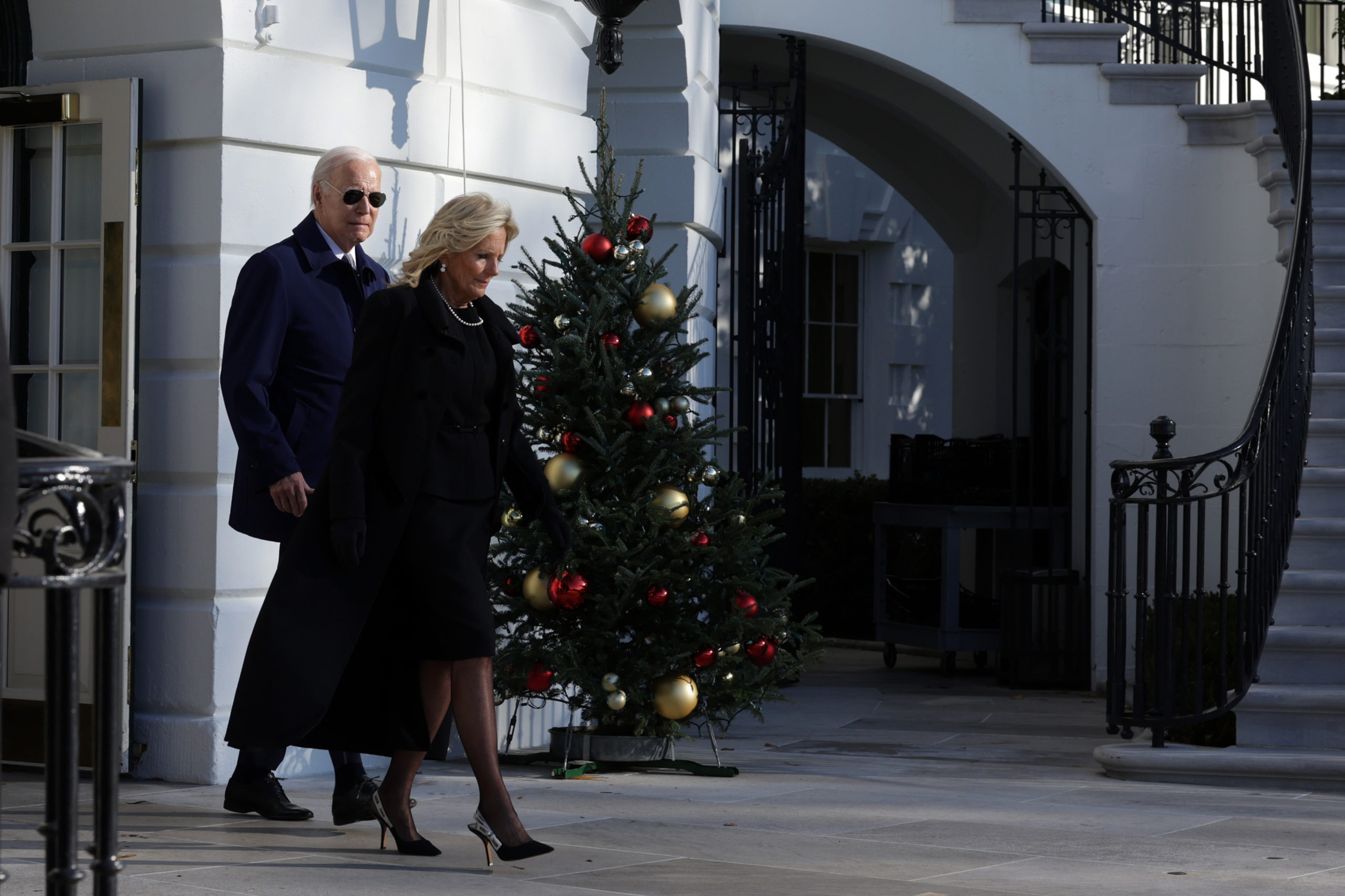 U.S. President Joe Biden and first lady Jill Biden walk towards Marine One prior to a departure from the White House on November 28, 2023 in Washington, DC. The Bidens are travelling to Atlanta, Georgia to attend a tribute service for former first lady Rosalynn Carter, who passed away on November 19 at the age of 96. (Photo by Alex Wong/Getty Images)