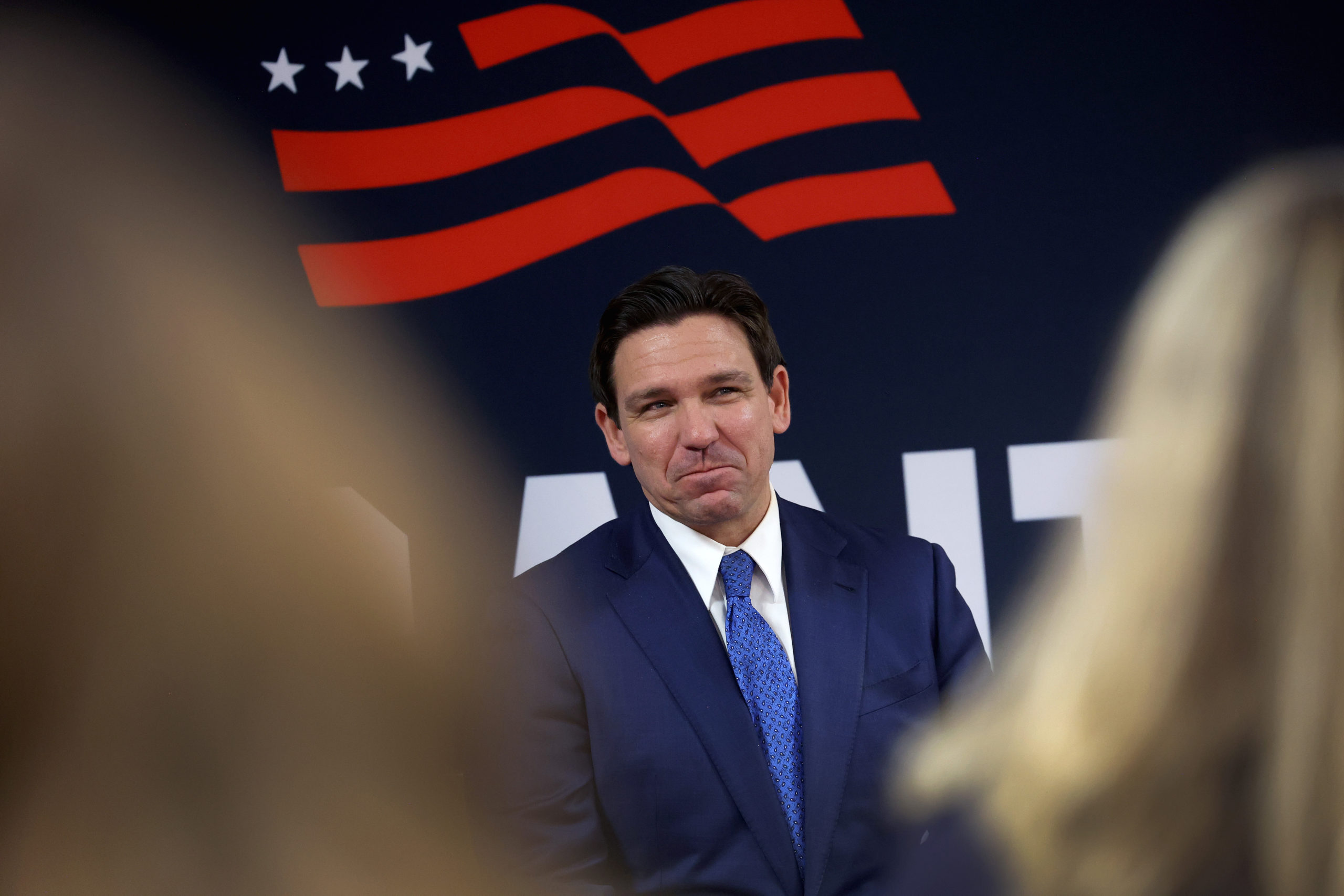 BETTENDORF, IOWA - DECEMBER 18: Republican presidential candidate Florida Governor Ron DeSantis speaks to guests during the Scott County Fireside Chat at the Tanglewood Hills Pavilion on December 18, 2023 in Bettendorf, Iowa. Iowa Republicans will be the first to select their party's nomination for the 2024 presidential race when they go to caucus on January 15, 2024. (Photo by Scott Olson/Getty Images)