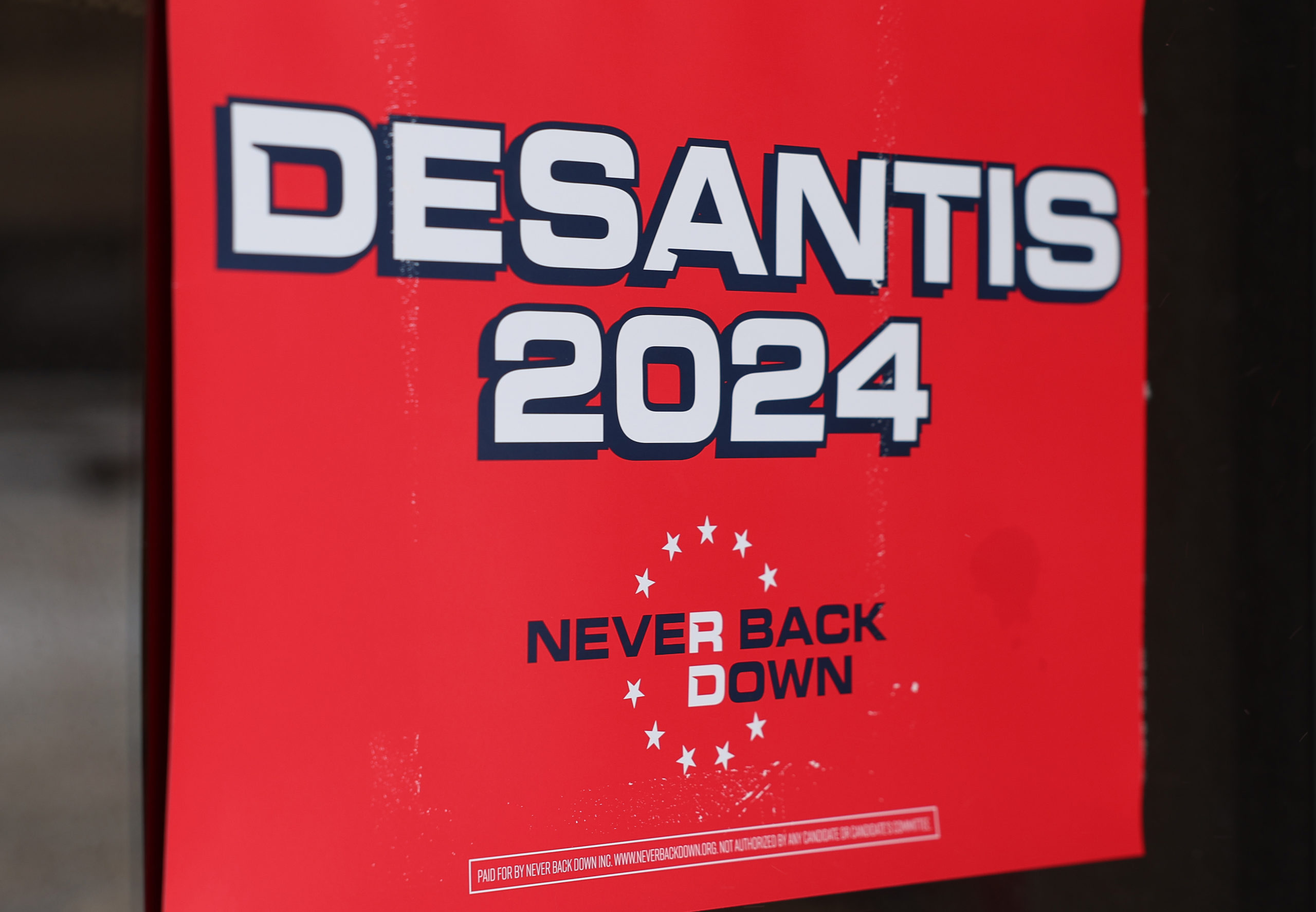 SIOUX CITY, IOWA - JANUARY 12: Signs are seen on the local campaign headquarters for Republican presidential candidate Ron DeSantis as heavy snow continues to fall on January 12, 2024 in Sioux City, Iowa. The second winter weather system in a week is bringing blizzard conditions across Iowa as voters prepare for the Republican Party of Iowa's presidential caucuses on January 15th. (Photo by Kevin Dietsch/Getty Images)