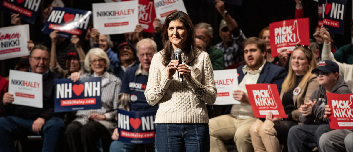 TOPSHOT - Republican presidential hopeful and former UN Ambassador Nikki Haley speaks at a campaign event in Exeter, New Hampshire, on January 21, 2024. (Photo by Joseph Prezioso / AFP) (Photo by JOSEPH PREZIOSO/AFP via Getty Images)