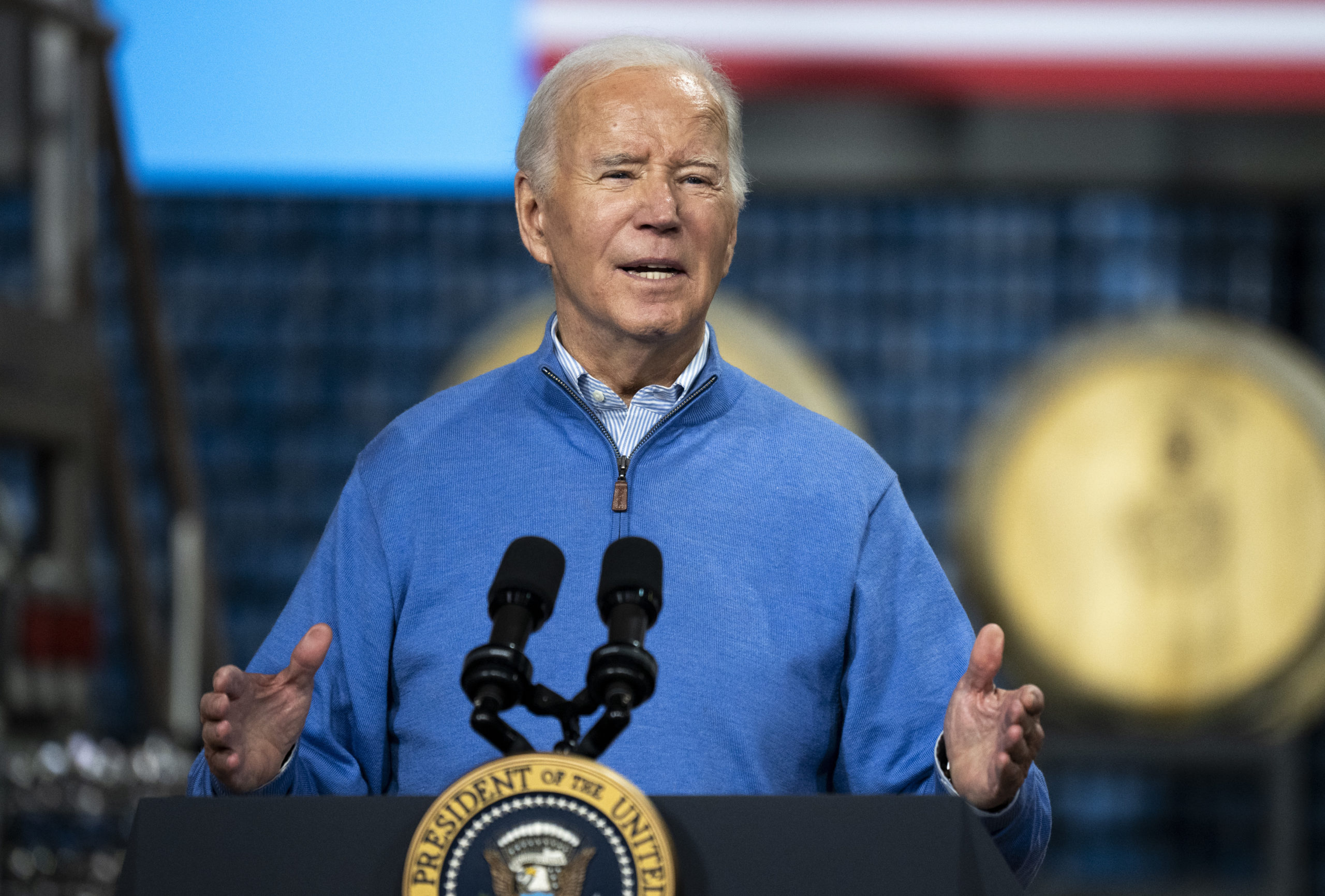 SUPERIOR, WISCONSIN - JANUARY 25: U.S. President Joe Biden speaks about funding for the I-535 Blatnik Bridge at Earth Rider Brewery on January 25, 2024 in Superior, Wisconsin. Biden touched on his economic agenda and recent federal funding for infrastructure projects. (Photo by Stephen Maturen/Getty Images)