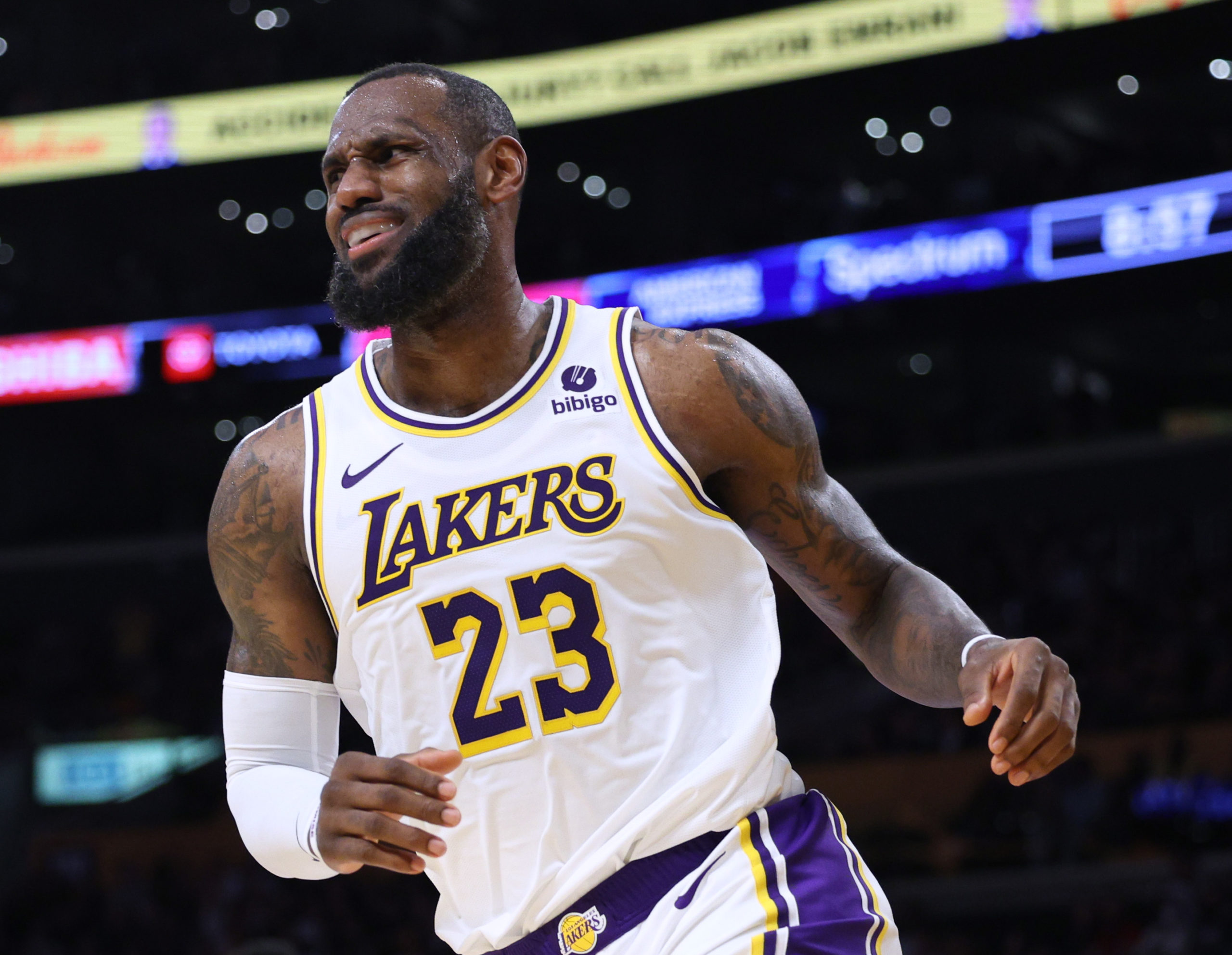 LOS ANGELES, CALIFORNIA - JANUARY 21: LeBron James #23 of the Los Angeles Lakers reacts after a Lakers score during a 134-110 Lakers win over the Portland Trail Blazers at Crypto.com Arena on January 21, 2024 in Los Angeles, California. Harry How/Getty Images