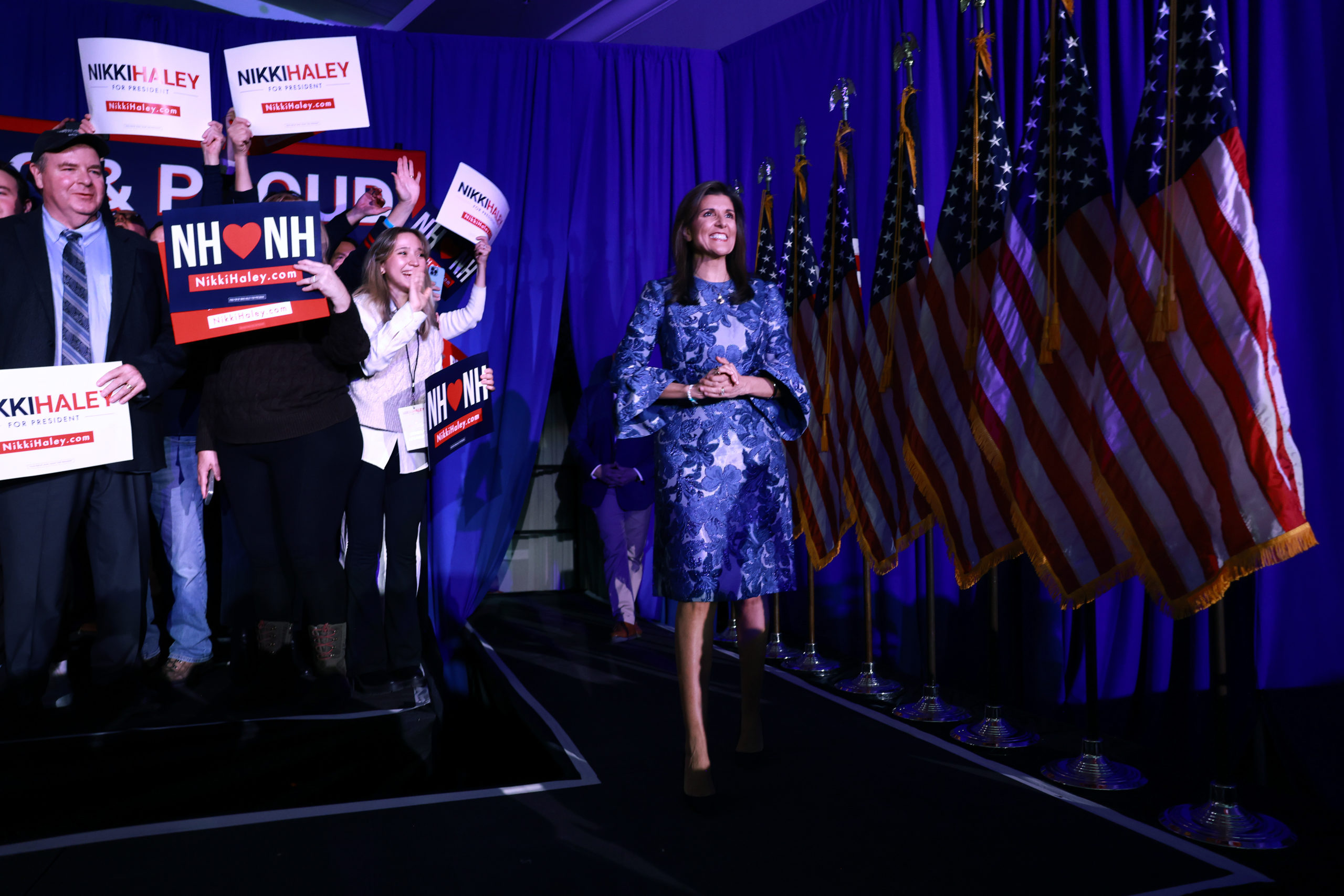 CONCORD, NEW HAMPSHIRE - JANUARY 23: Republican presidential candidate former U.N. Ambassador Nikki Haley takes the stage at her primary night rally at the Grappone Conference Center on January 23, 2024 in Concord, New Hampshire. New Hampshire voters cast their ballots in their state's primary election today. With Florida Governor Ron DeSantis dropping out of the race Sunday, former President Donald Trump and former UN Ambassador Nikki Haley are battling it out in this first-in-the-nation primary. (Photo by Joe Raedle/Getty Images)