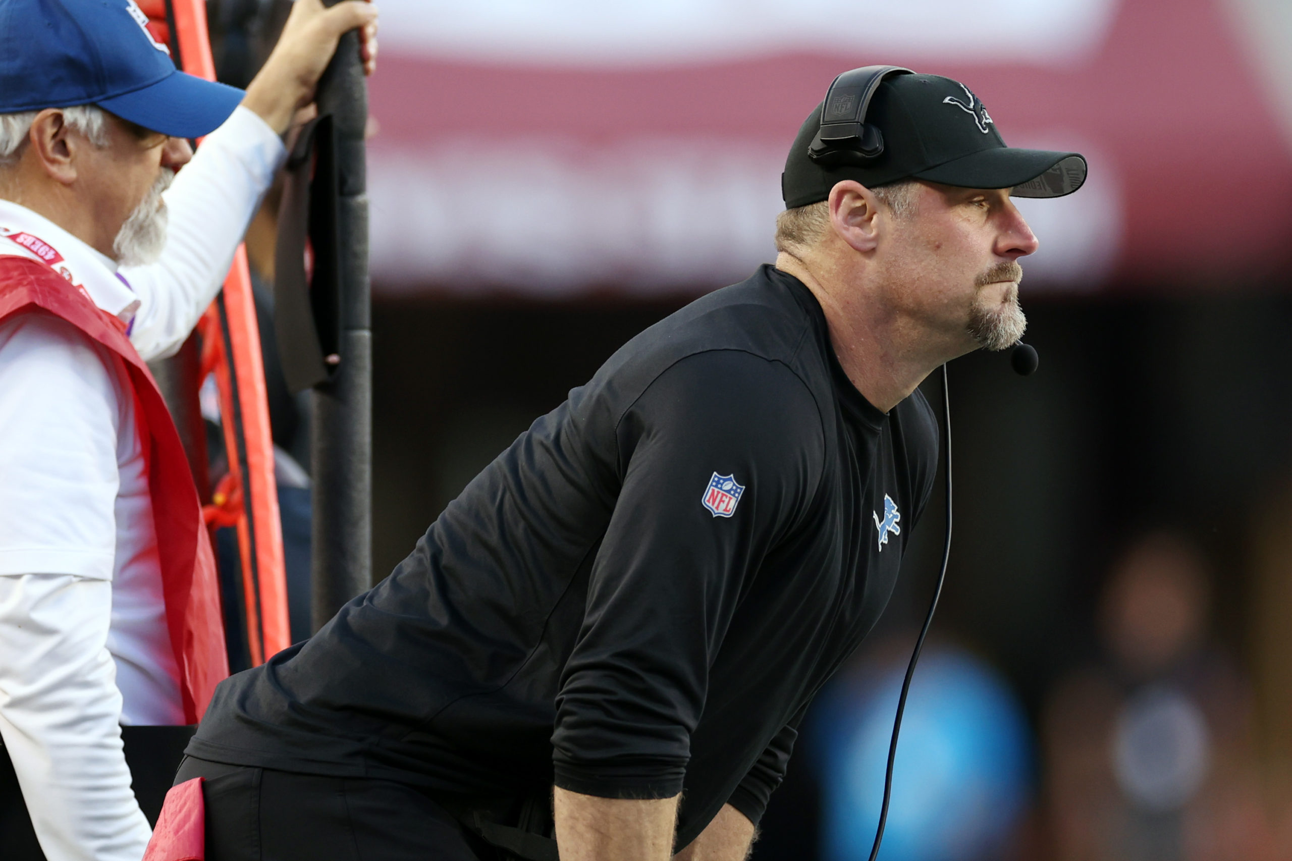 SANTA CLARA, CALIFORNIA - JANUARY 28: Head coach Dan Campbell of the Detroit Lions reacts during the second quarter against the San Francisco 49ers in the NFC Championship Game at Levi's Stadium on January 28, 2024 in Santa Clara, California. Ezra Shaw/Getty Images