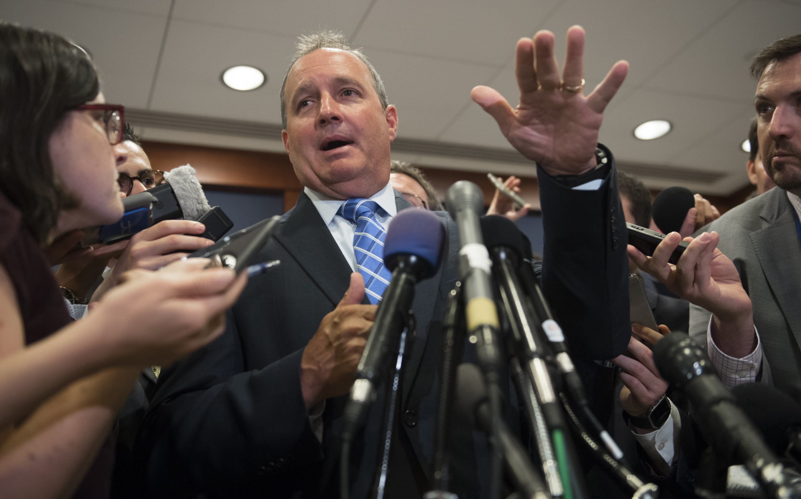 US Representative Jeff Duncan, Republican of South Carolina, speaks to the media after returning to the US Capitol from a shooting incident during a baseball practice where Duncan says he spoke with the shooter prior to the attack, as he arrives to attend a briefing for US House members on the incident at the US Capitol in Washington, DC, June 14, 2017. Several people including a top Republican congressman were wounded in a Washington suburb early Wednesday morning when a gunman opened fire as they practiced for an annual baseball game between lawmakers. / AFP PHOTO / SAUL LOEB (Photo credit should read SAUL LOEB/AFP via Getty Images)