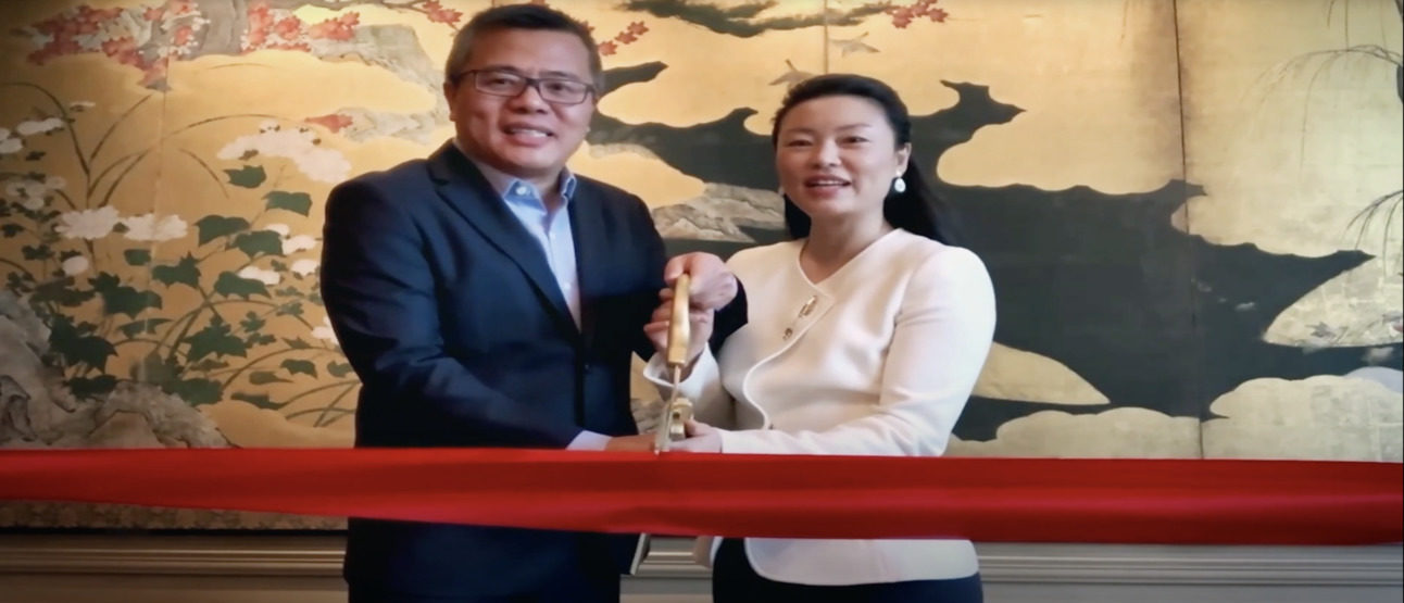 Tianqiao and Chrissy Chen virtually cut the ribbon for the opening of Caltech's Tianqiao and Chrissy Chen Neuroscience Research Building. [Screenshot/YouTube/Caltech]