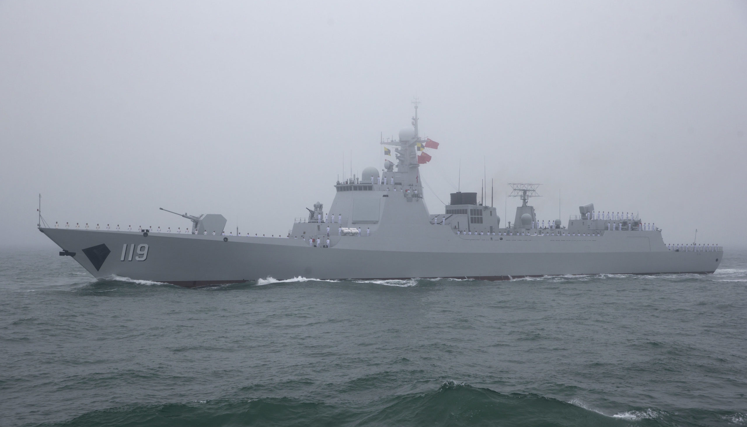 The type 052D guided missile destroyer Guiyang of the Chinese People's Liberation Army (PLA) Navy participates in a naval parade to commemorate the 70th anniversary of the founding of China's PLA Navy in the sea near Qingdao, in eastern China's Shandong province on April 23, 2019. (Photo by MARK SCHIEFELBEIN/AFP via Getty Images)