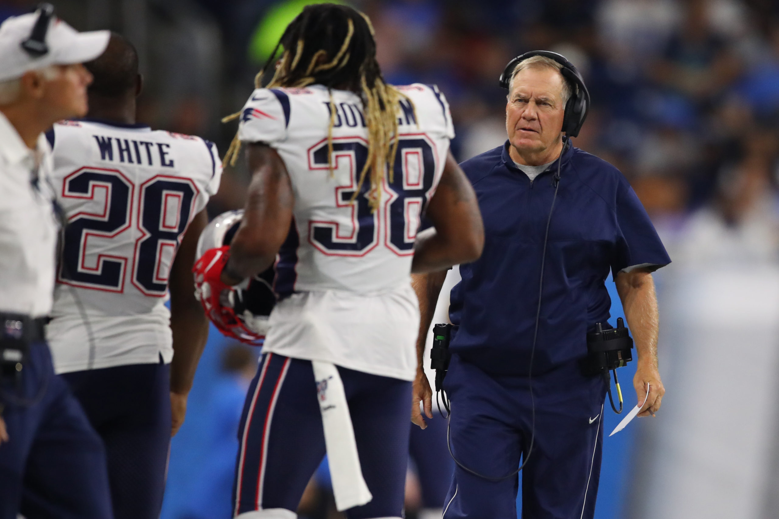 DETROIT, MICHIGAN - AUGUST 08: Head coach Bill Belichick of the New England Patriots on the sidelines during a preseason game against the Detroit Lions at Ford Field on August 08, 2019 in Detroit, Michigan. Gregory Shamus/Getty Images