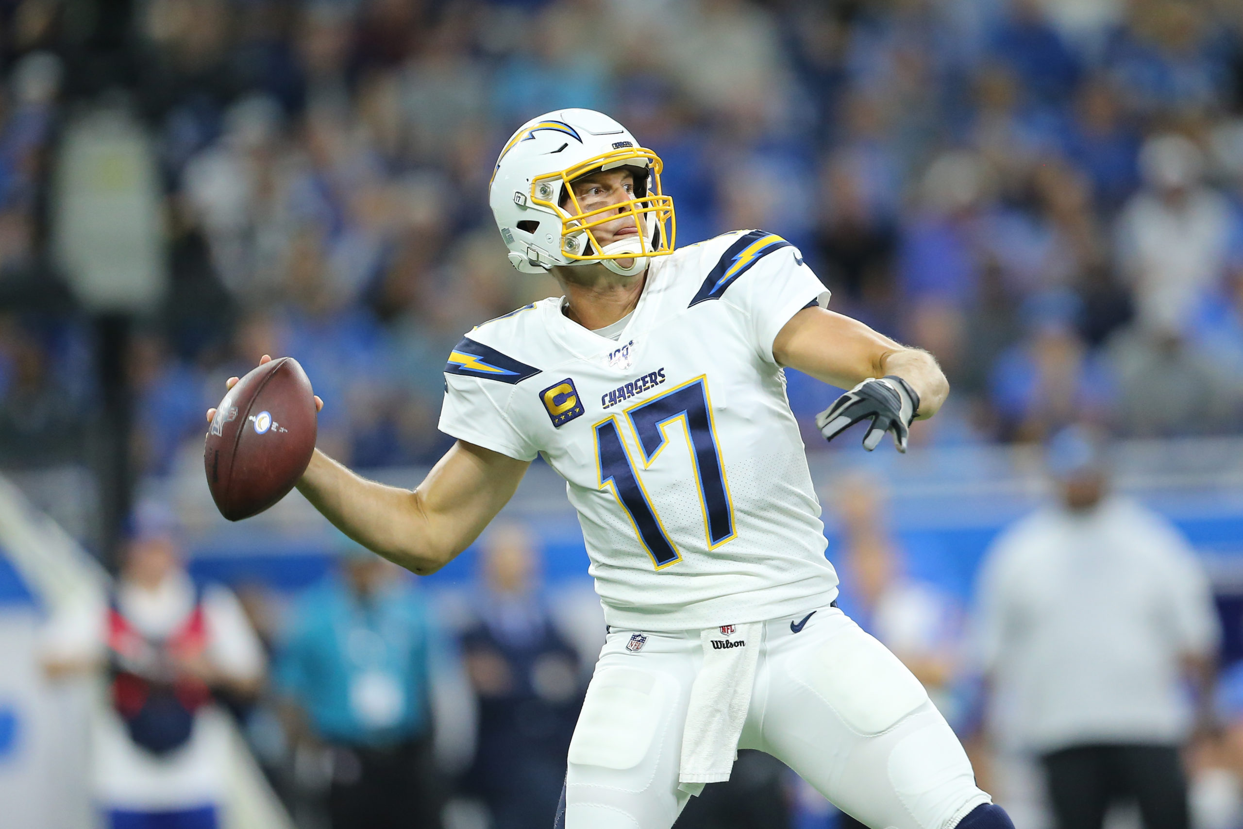 DETROIT, MI - SEPTEMBER 15: Philip Rivers #17 of the Los Angeles Chargers drops back to pass during the first quarter of the game against the Detroit Lions at Ford Field on September 15, 2019 in Detroit, Michigan. Rey Del Rio/Getty Images