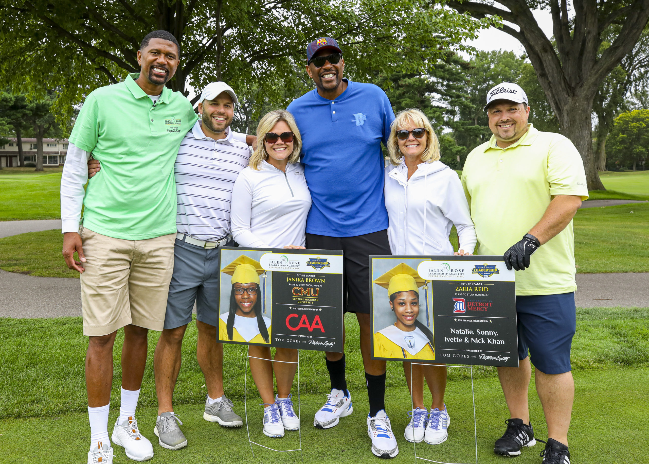 DETROIT, MICHIGAN - AUGUST 26: Former American professional basketball player, current sports analyst for ESPN, and cofounder of the Jalen Rose Leadership Academy, Jalen Rose (L) and 2x NBA Champion - Earl “The Twirl” Cureton pose with guests at the Jalen Rose Leadership Academy Golf Tournament presented by Tom Gores & Platinum Equity held at Detroit Golf Club at Detroit Golf Club on August 26, 2019 in Detroit, Michigan. (Photo by Scott Legato/Getty Images for Jalen Rose Leadership Academy Golf Classic produced by PGD Global )