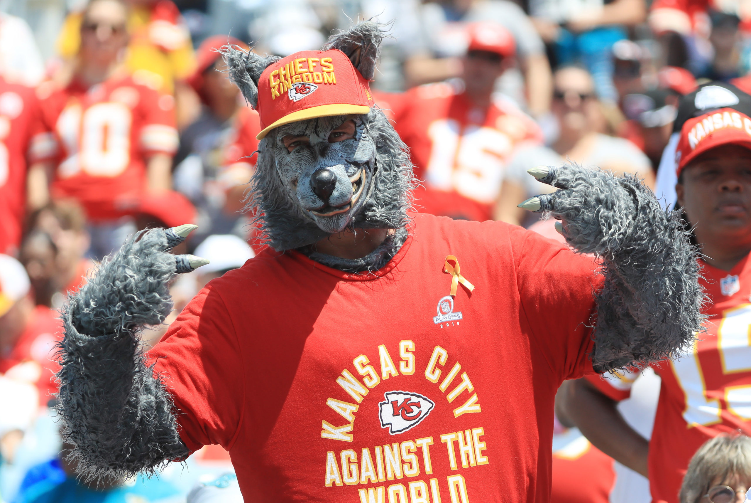JACKSONVILLE, FLORIDA - SEPTEMBER 08: A Kansas City Chiefs fan dressed as K. C. Wolf attends the game between the Jacksonville Jaguars and the Kansas City Chiefs at TIAA Bank Field on September 08, 2019 in Jacksonville, Florida. Sam Greenwood/Getty Images