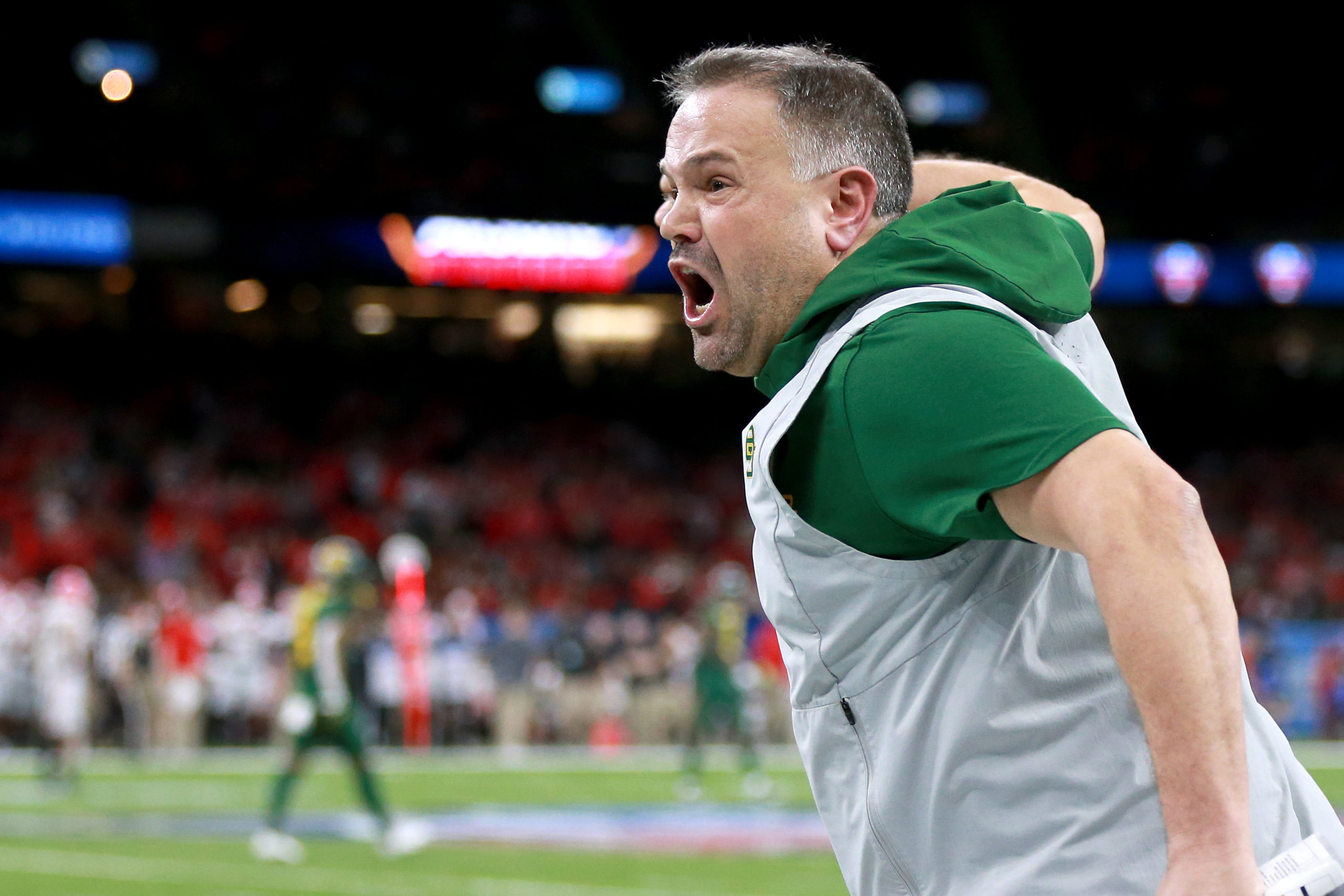 NEW ORLEANS, LOUISIANA - JANUARY 01: Head coach Matt Rhule of the Baylor Bears reacts to a play during the Allstate Sugar Bowl against the Georgia Bulldogs at Mercedes Benz Superdome on January 01, 2020 in New Orleans, Louisiana. Sean Gardner/Getty Images