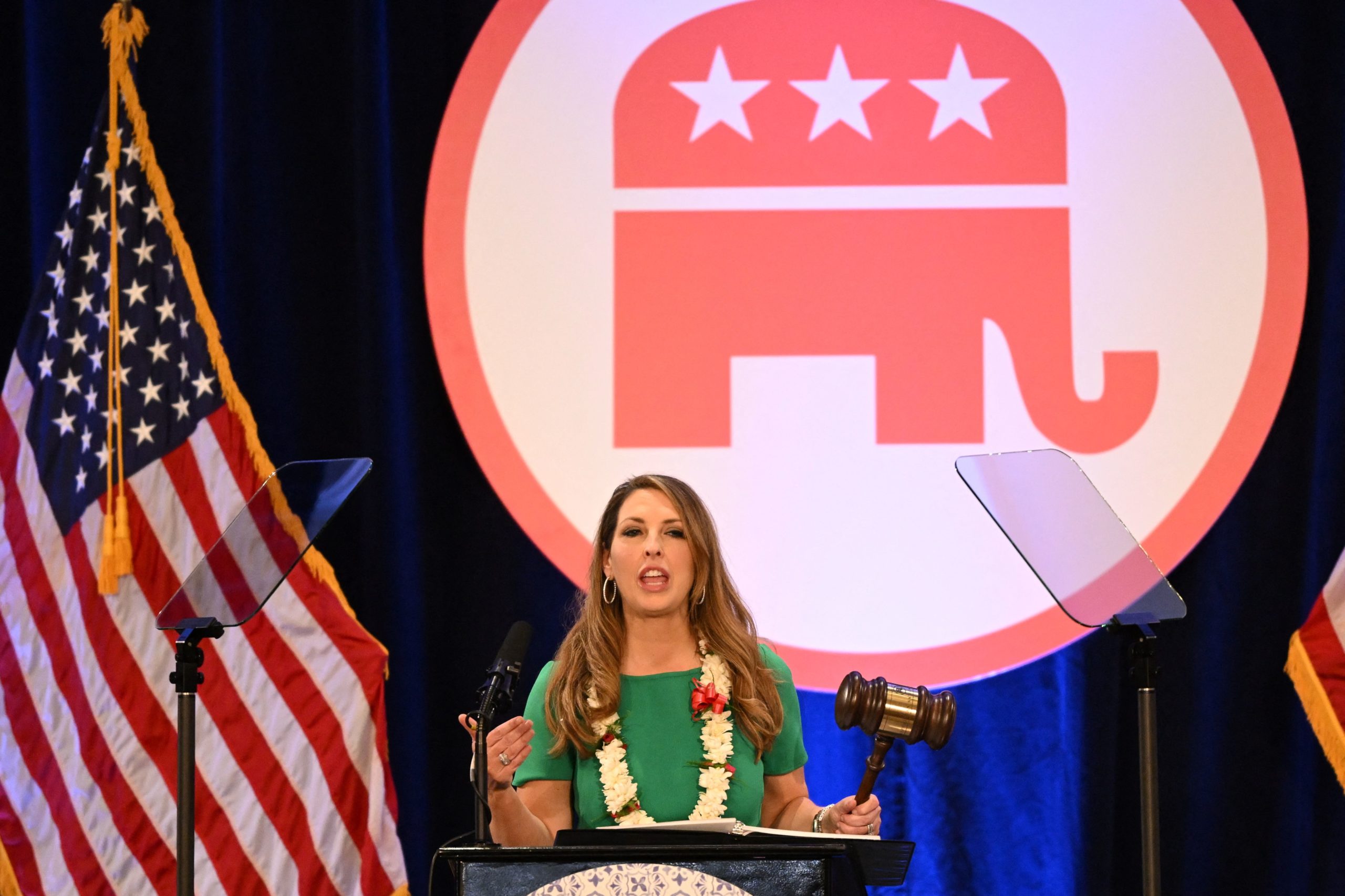 Republican Party chair Ronna McDaniel speaks after being re-elected during the 2023 Republican National Committee Winter Meeting in Dana Point, California, on January 27, 2023. (Photo by Patrick T. Fallon / AFP) (Photo by PATRICK T. FALLON/AFP via Getty Images)