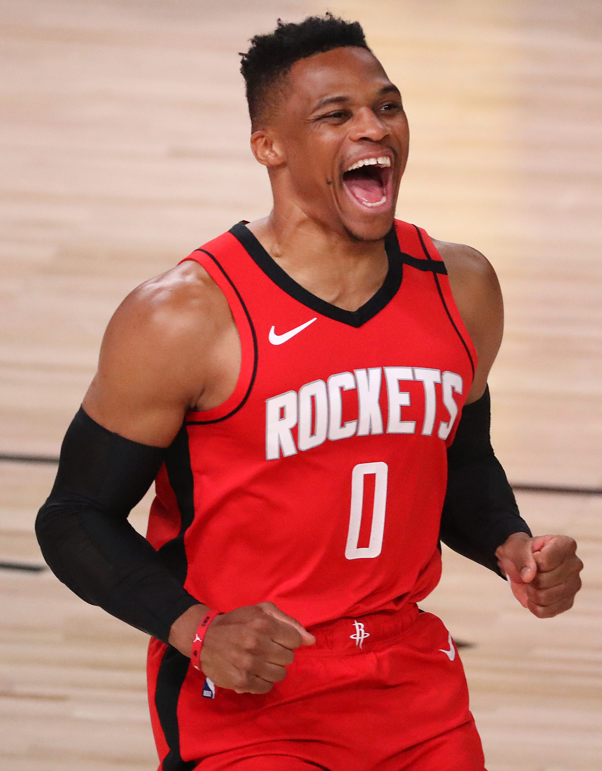 LAKE BUENA VISTA, FLORIDA - SEPTEMBER 10: Russell Westbrook #0 of the Houston Rockets reacts prior to the start of the game against the Los Angeles Lakers in Game Four of the Western Conference Second Round during the 2020 NBA Playoffs at AdventHealth Arena at the ESPN Wide World Of Sports Complex on September 10, 2020 in Lake Buena Vista, Florida. NOTE TO USER: Michael Reaves/Getty Images