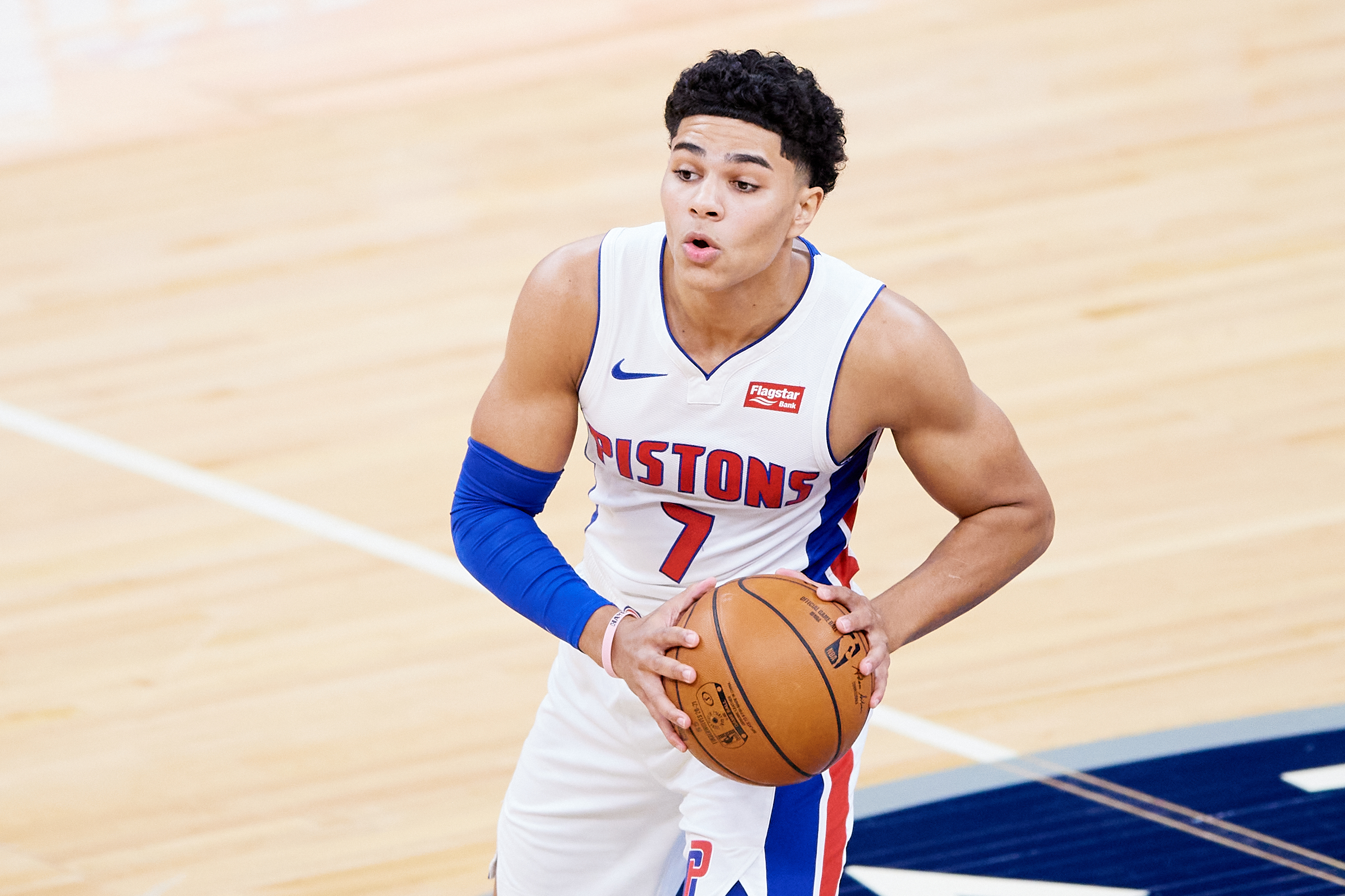 MINNEAPOLIS, MINNESOTA - DECEMBER 23: Killian Hayes #7 of the Detroit Pistons has the ball Minnesota Timberwolves during the season opening game at Target Center on December 23, 2020 in Minneapolis, Minnesota. The Timberwolves defeated the Pistons 111-101. Hannah Foslien/Getty Images