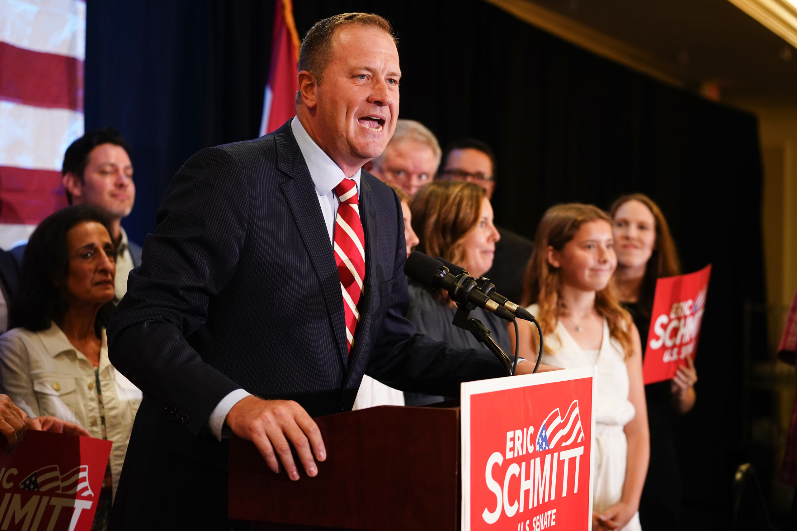ST. LOUIS, MISSOURI - AUGUST 02: State Attorney General Eric Schmitt speaks at an election-night gathering after winning the Republican primary for U.S. Senate at the Sheraton in Westport Plaza on August 02, 2022 in St Louis, Missouri. Schmitt defeated former Gov. Eric Greitens and U.S. Rep. Vicky Hartzler for the Republican nomination to replace Republican Sen. Roy Blunt, who decided not to seek a third term. (Photo by Kyle Rivas/Getty Images)