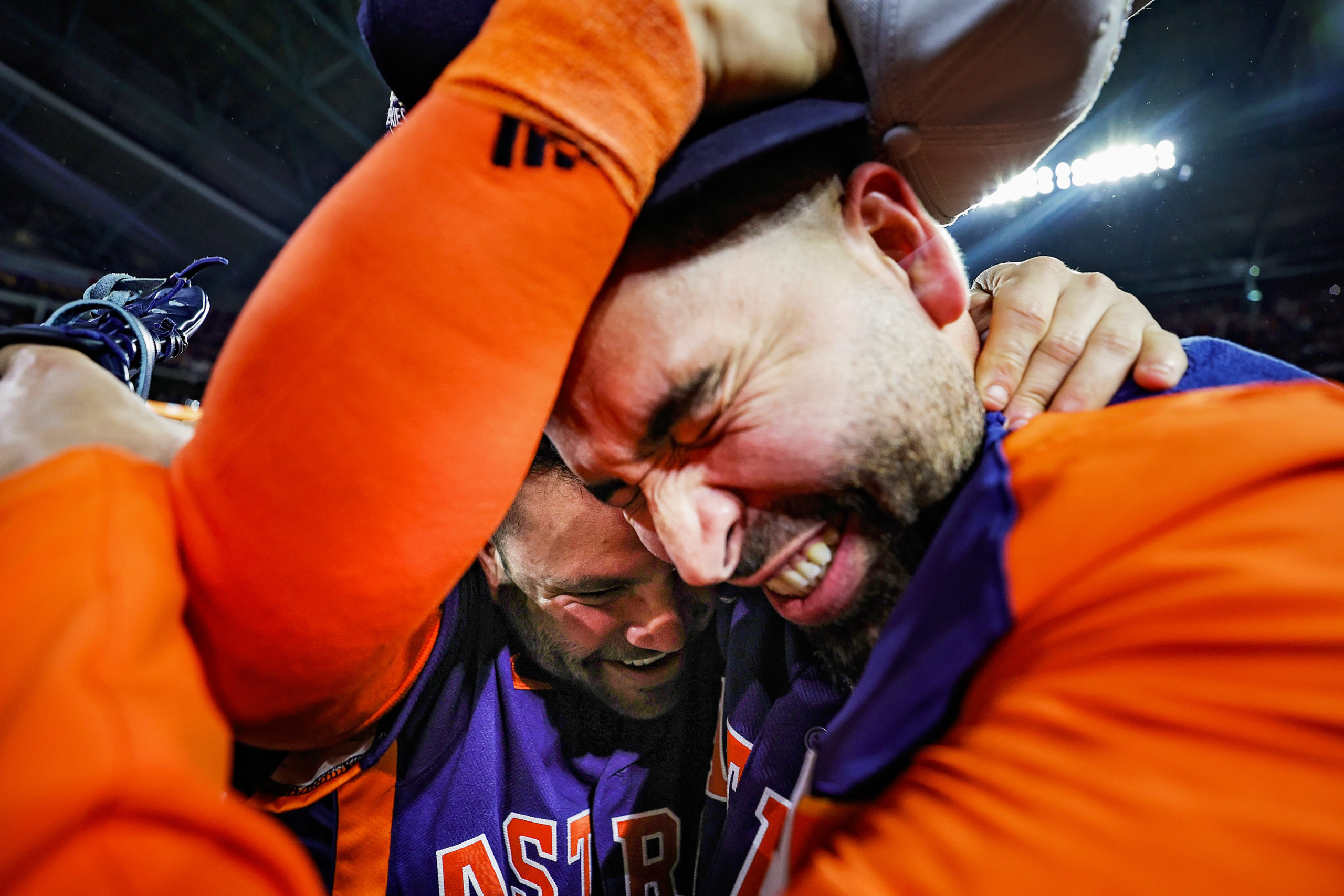 HOUSTON, TEXAS - NOVEMBER 05: Jose Altuve #27 and Jose Urquidy #65 of the Houston Astros embrace after defeating the Philadelphia Phillies to win the World Series in Game Six at Minute Maid Park on November 05, 2022 in Houston, Texas. Carmen Mandato/Getty Images