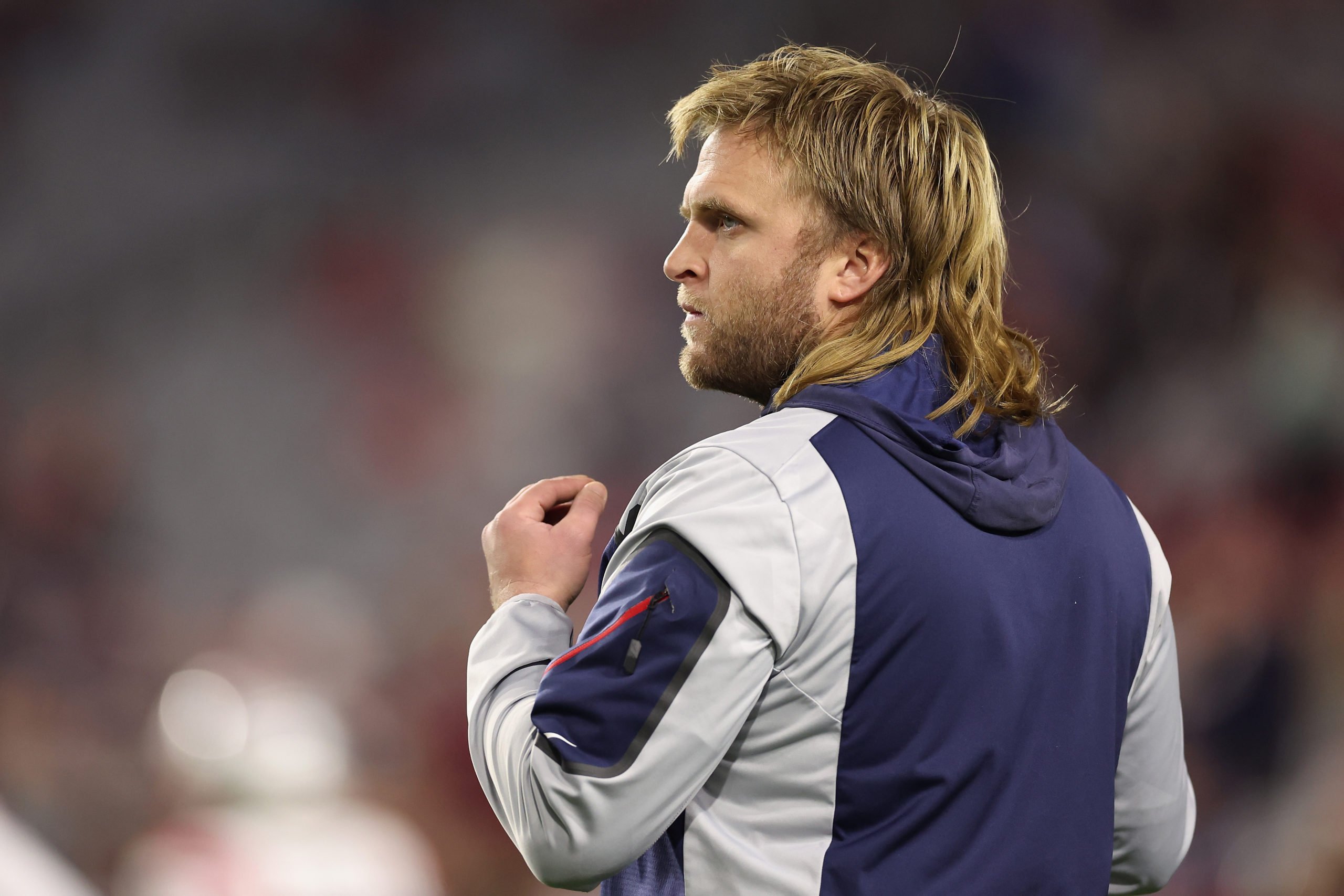 GLENDALE, ARIZONA - DECEMBER 12: Linebackers coach Steve Belichick of the New England Patriots during the NFL game at State Farm Stadium on December 12, 2022 in Glendale, Arizona. The Patriots defeated the Cardinals 27-13. Christian Petersen/Getty Images